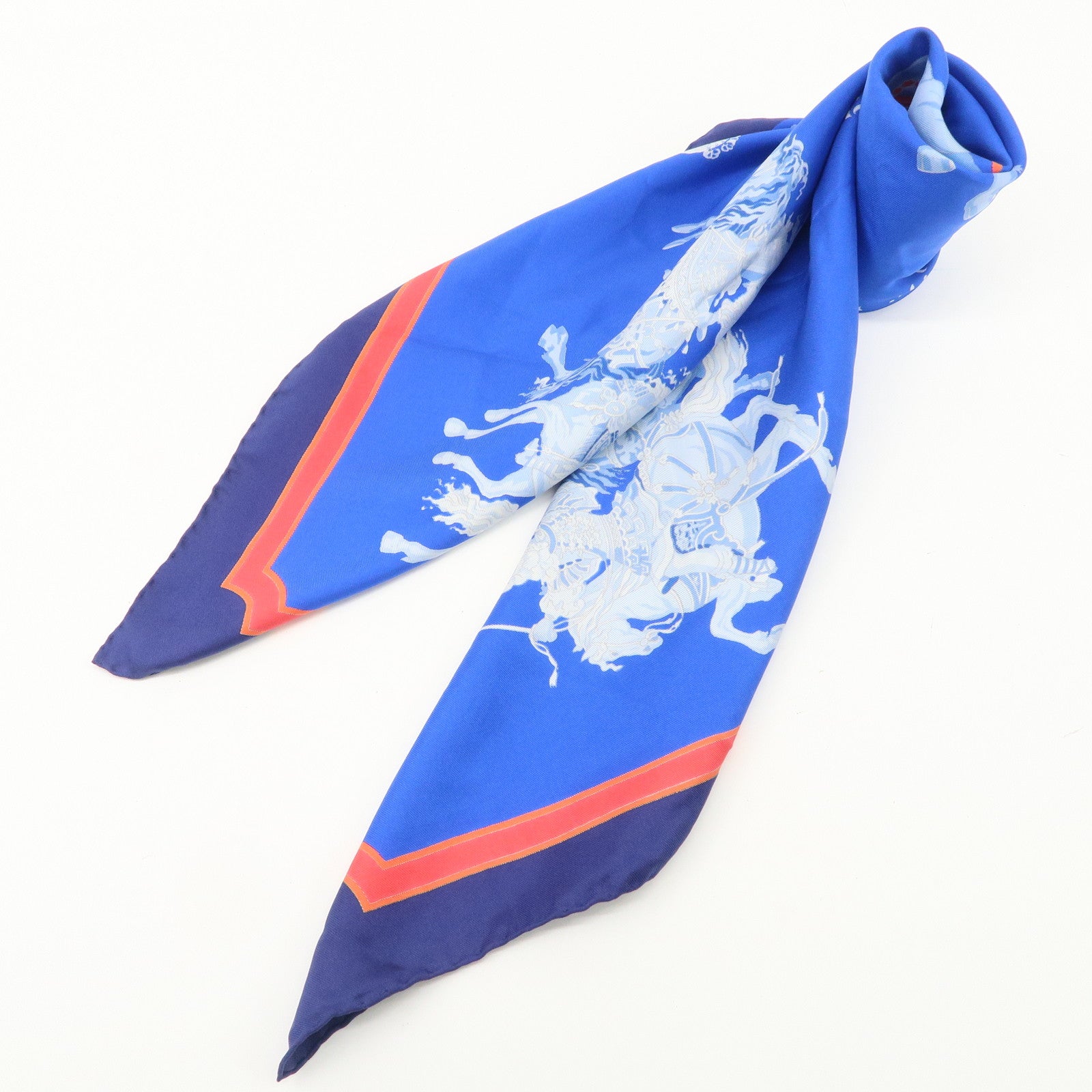 HERMES Carre 90 Silk 100% Scarf CARROUSEL Blue Red Used