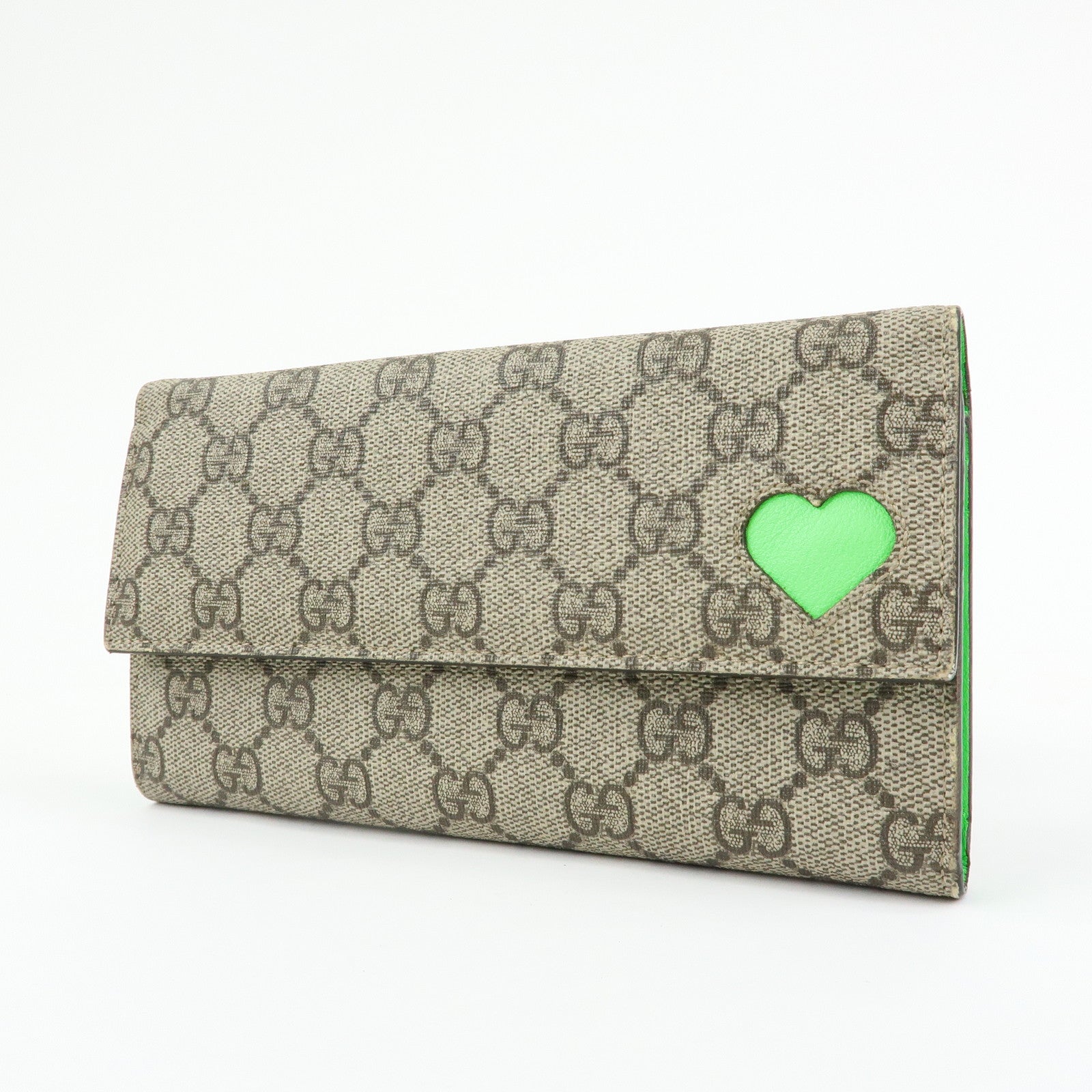 GUCCI GG Supreme Leather Long Flap Wallet Beige Green 323223