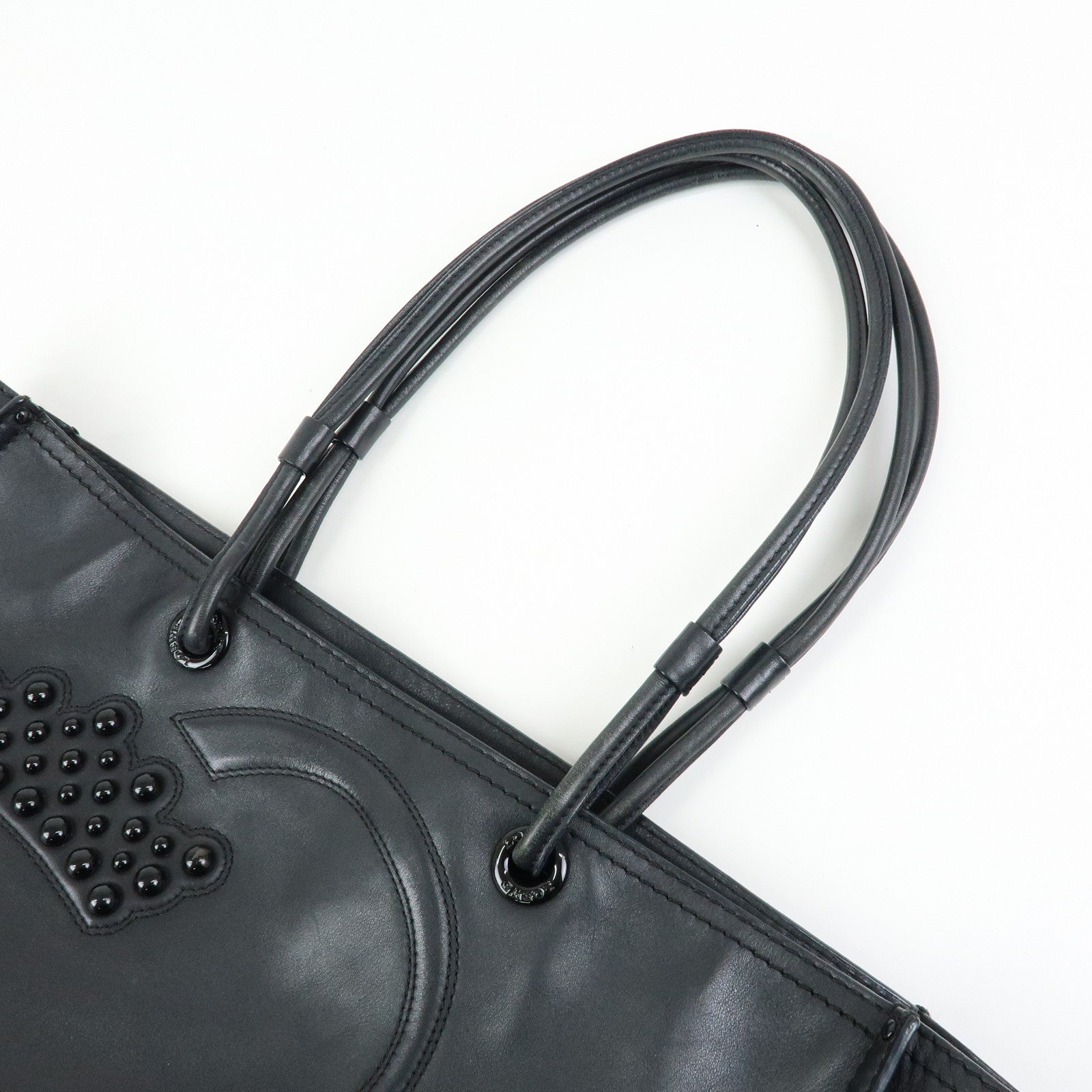 LOEWE Logo Studs Leather Shopper Tote Bag Shoulder Bag Black