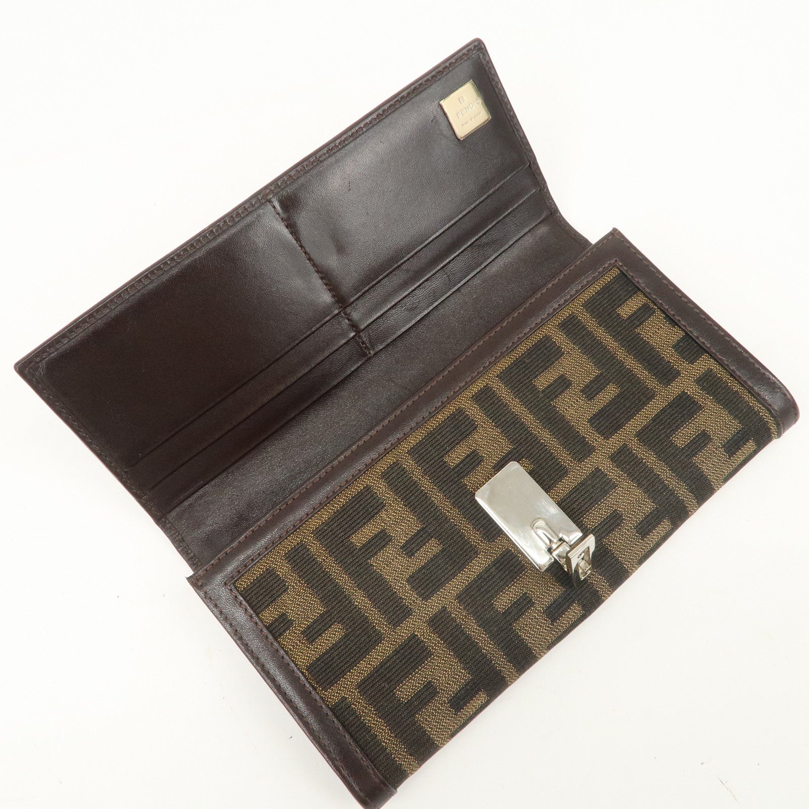 FENDI Zucca Canvas Leather Flap Long Wallet Brown 31084