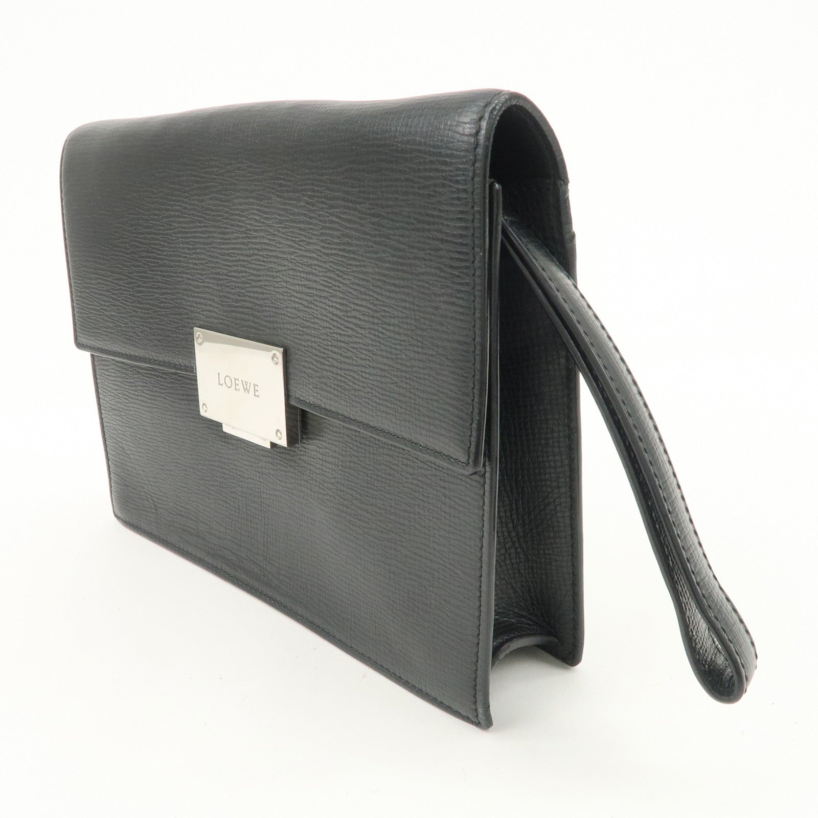 LOEWE Logo Leather Clutch Bag Black Silver Hardware