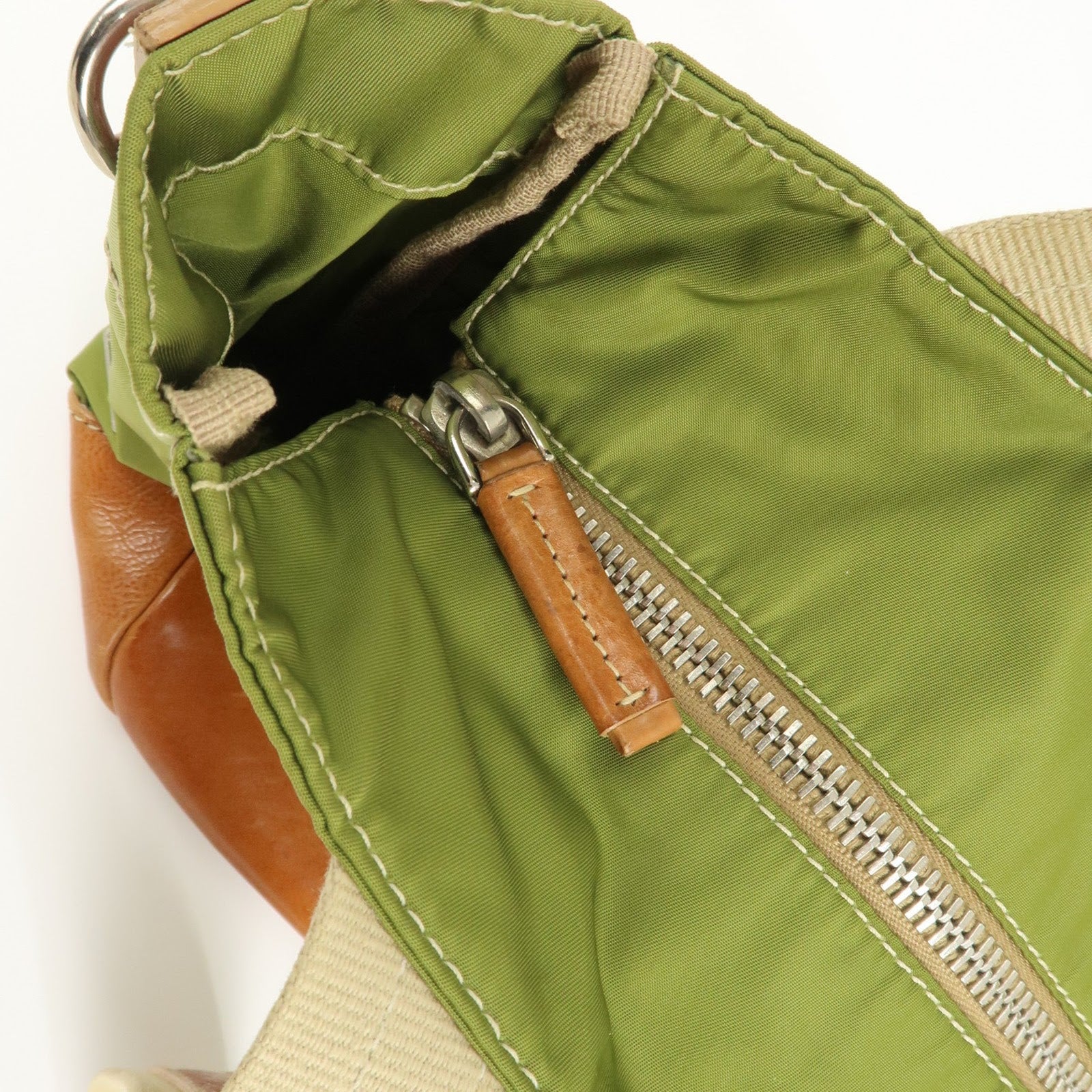 PRADA Triangle Logo Leather Nylon 2Way Tote Bag Brown Khaki