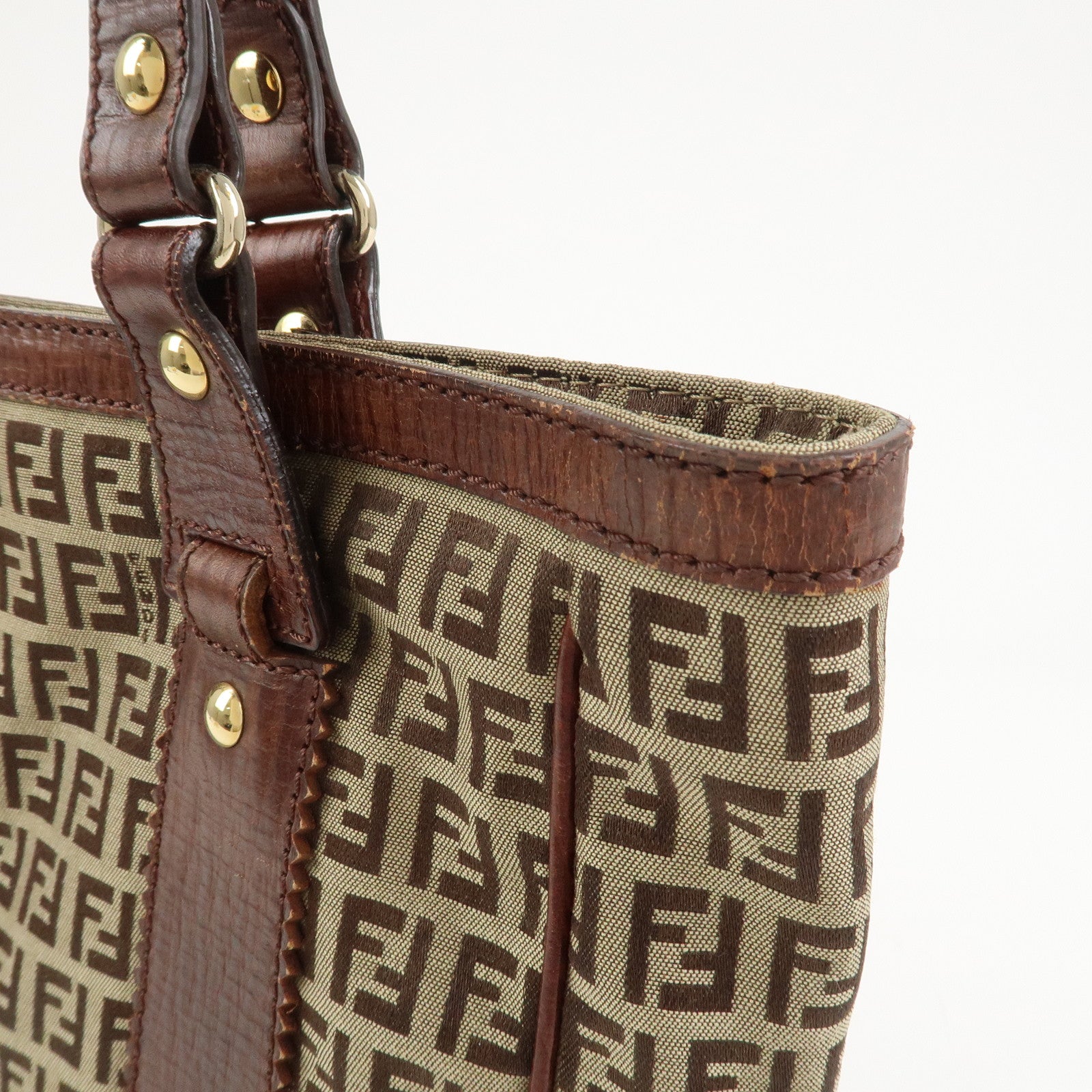 FENDI Zucchino Canvas Leather Tote Bag Shoulder Bag Brown 8BH161