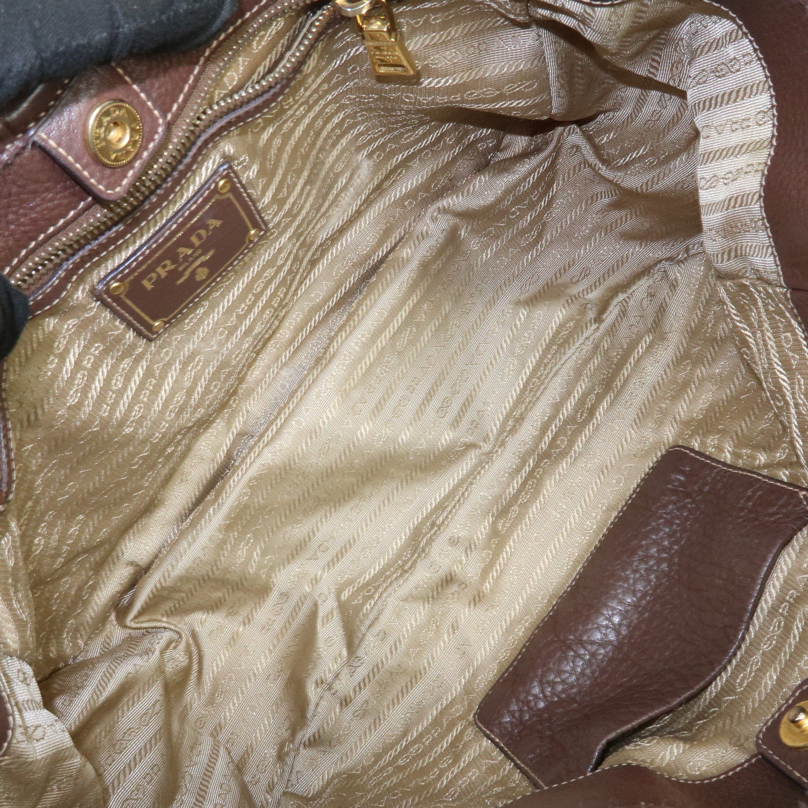 PRADA Logo Jacquard Leather Tote Bag Hand Bag Beige Brown