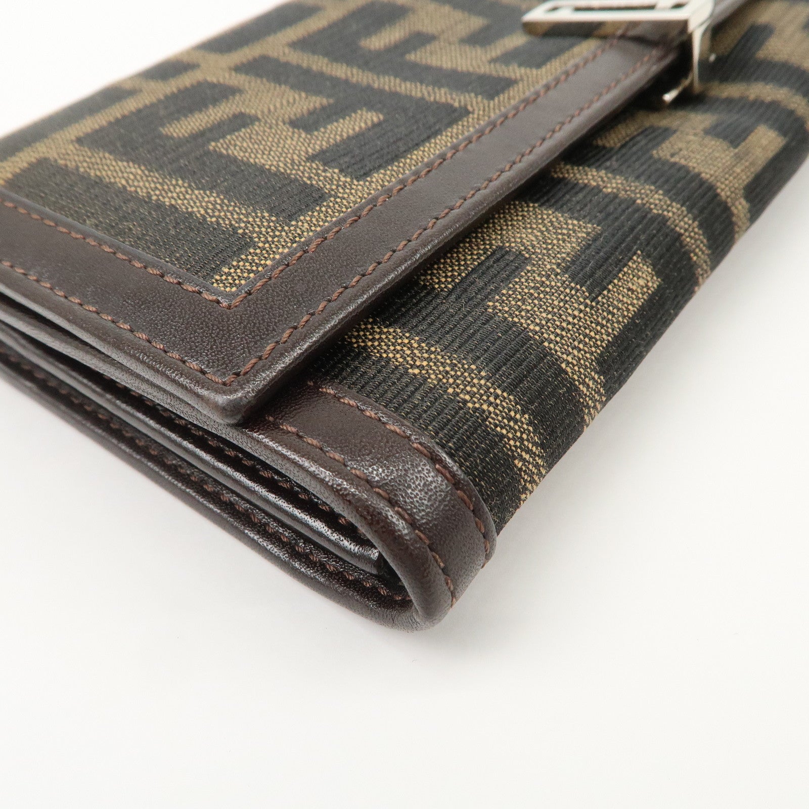 FENDI Zucca Canvas Leather Flap Long Wallet Brown 31084