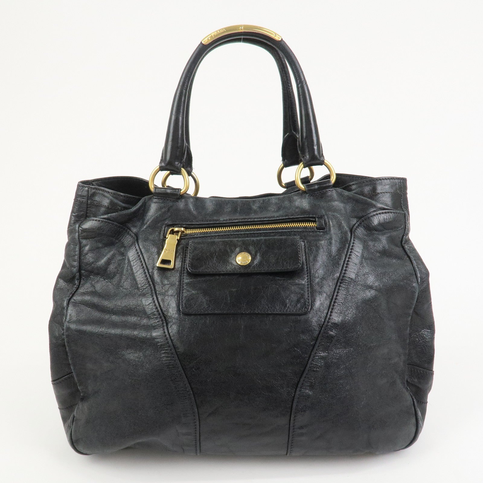 PRADA Logo Leather Tote Bag Shoulder Bag Black