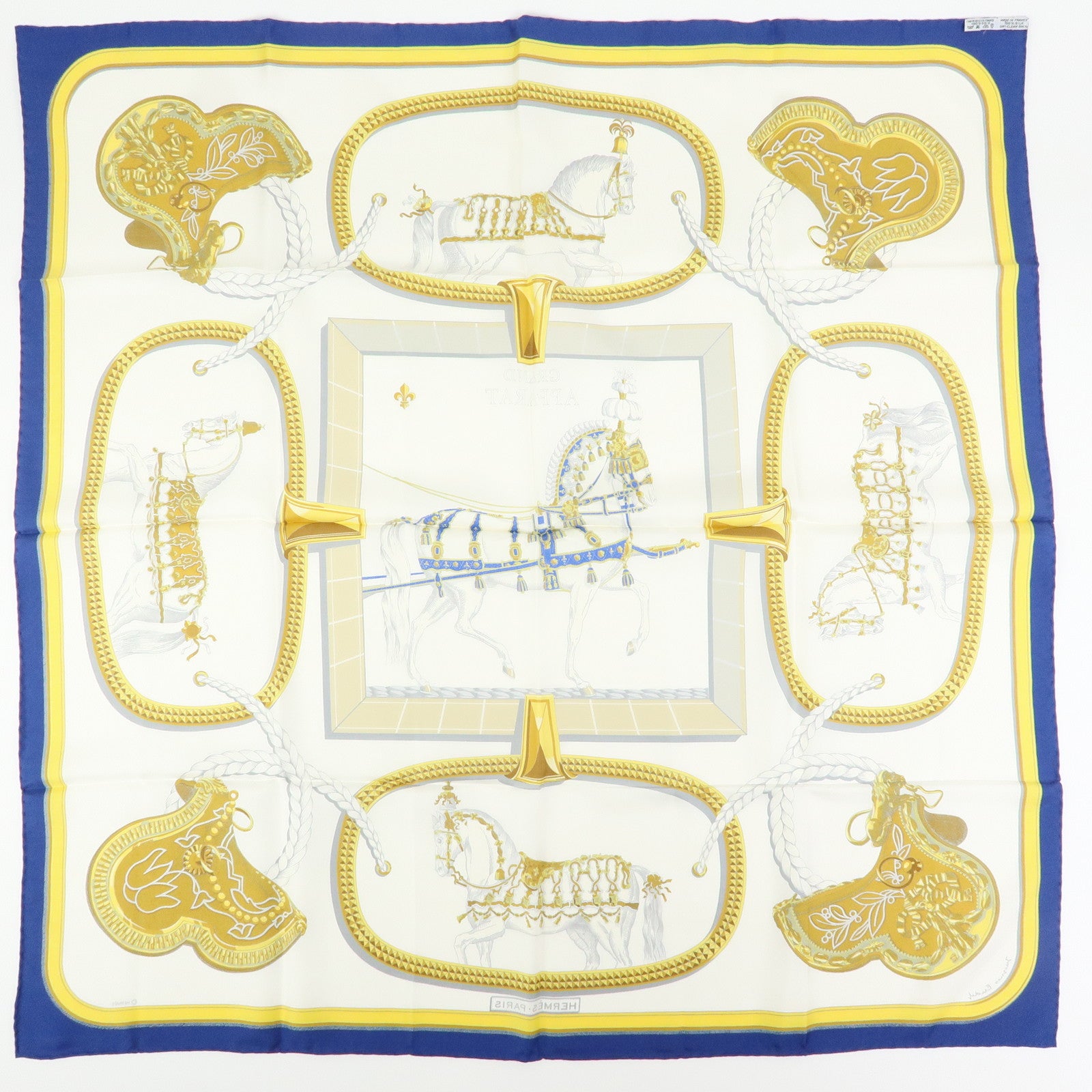 HERMES Carre 90 Silk 100% Scarf GRAND APPARAT White Yellow Navy