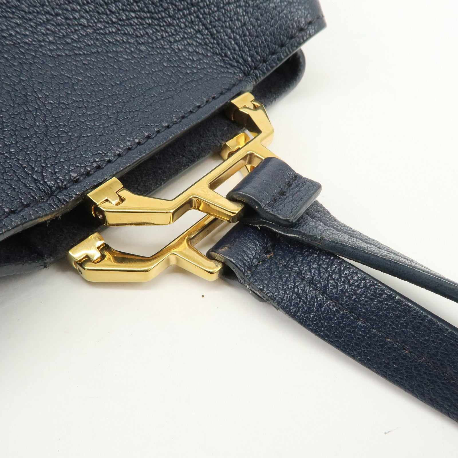 MIUMIU Logo Madras Leather Hand Bag Tote Bag Navy Gold Hardware Used