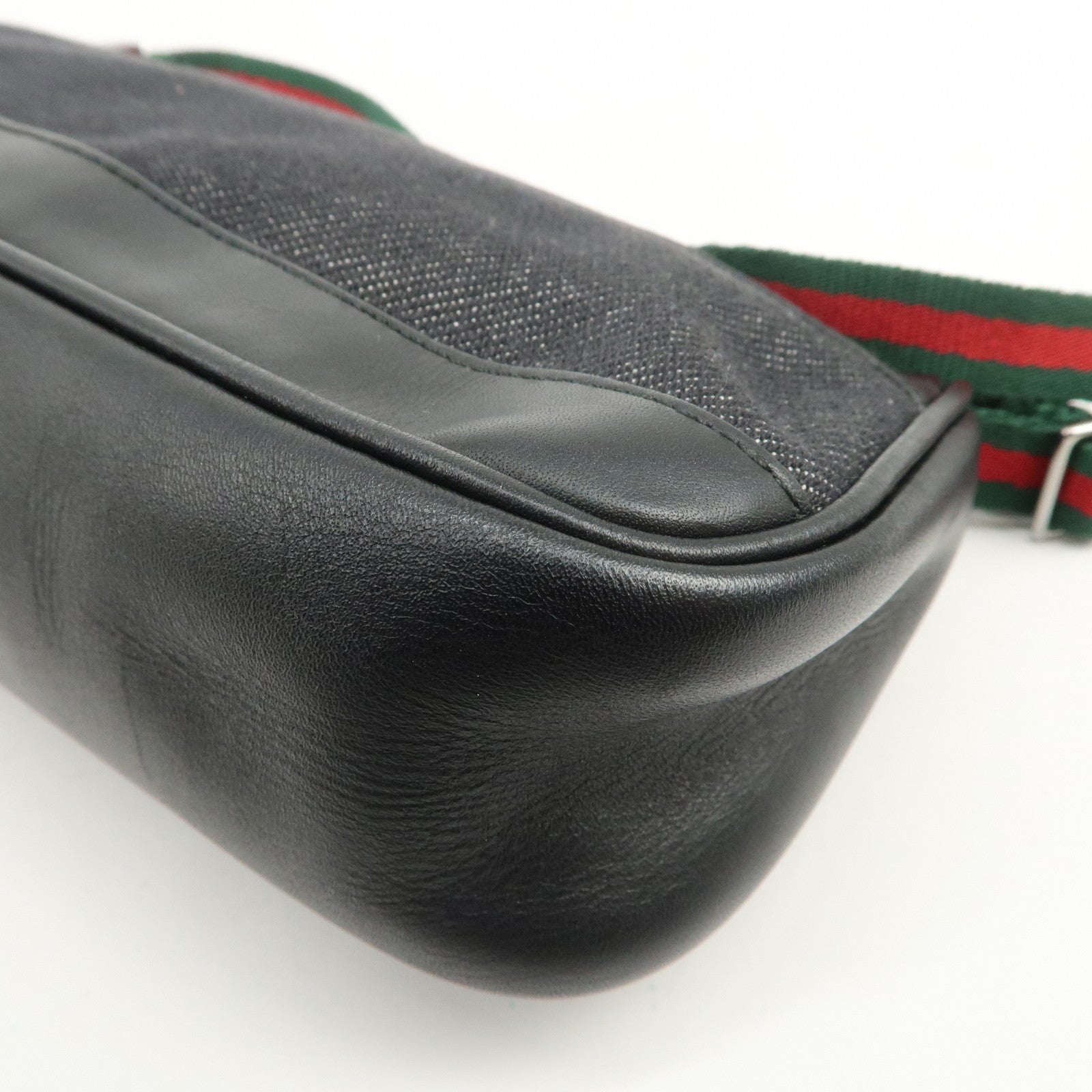 GUCCI Sherry Leather Denim Accessory Pouch Hand Bag Black 92820
