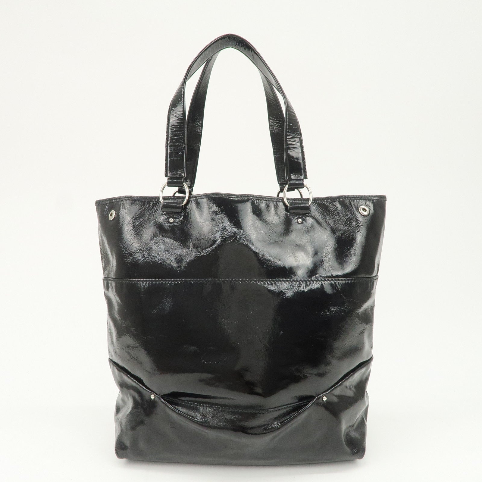 CELINE Logo Patent Leather Tote Bag Hand Bag Shoulder Bag Black