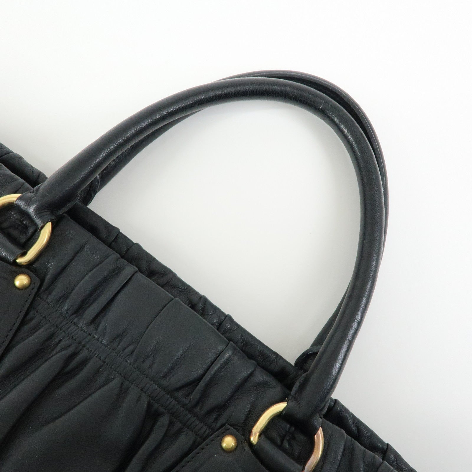 PRADA Logo Leather Gathered Tote Bag Hand Bag Black