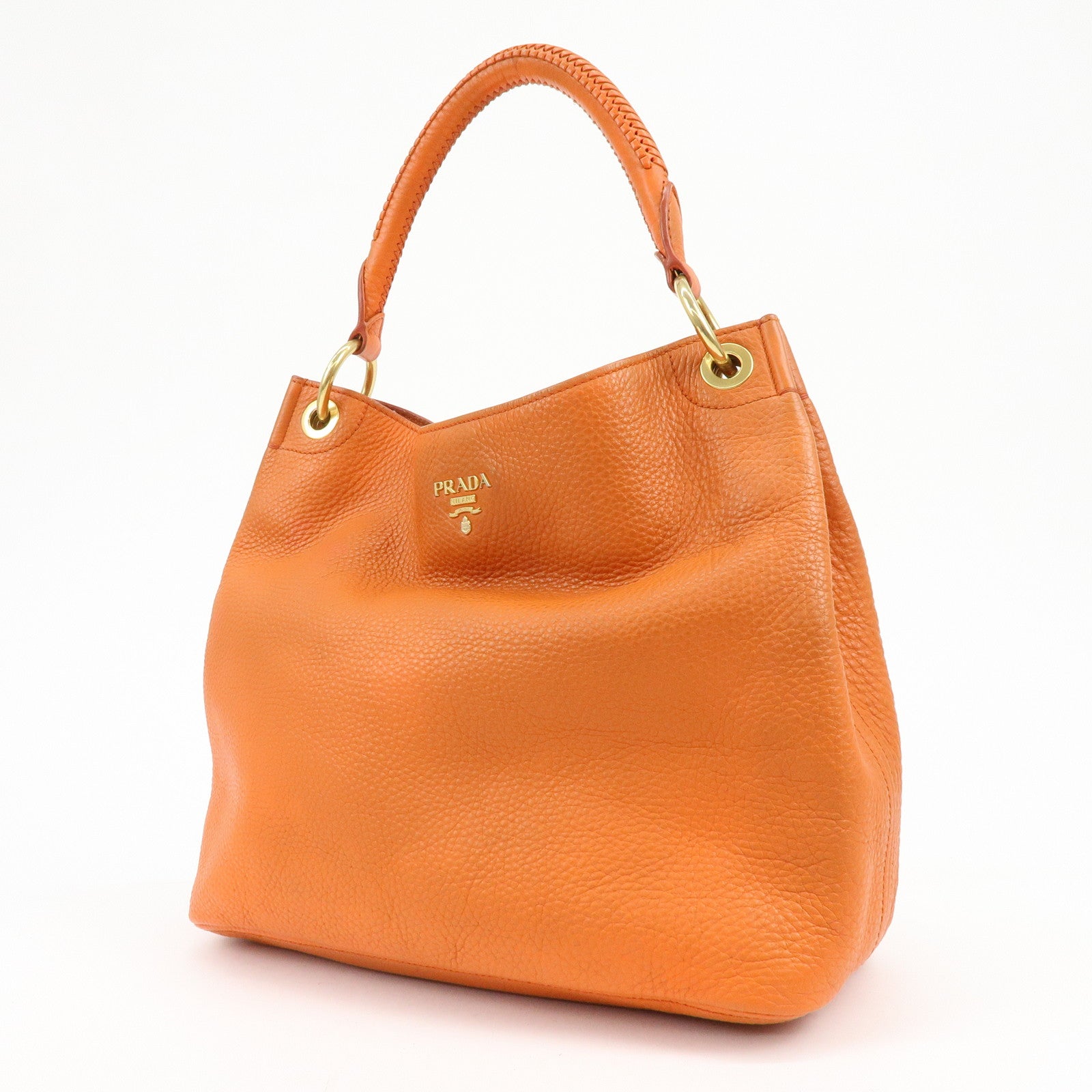 PRADA Logo Leather Shoulder Bag Tote Bag Hand Bag Orange BR4829