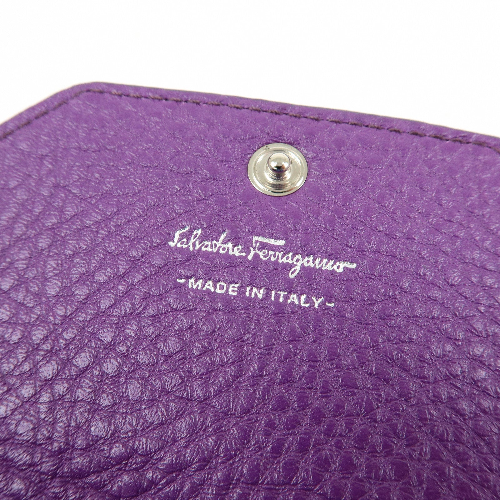 Ferragamo Gancini Leather Flap Button Card Case Purple Silver