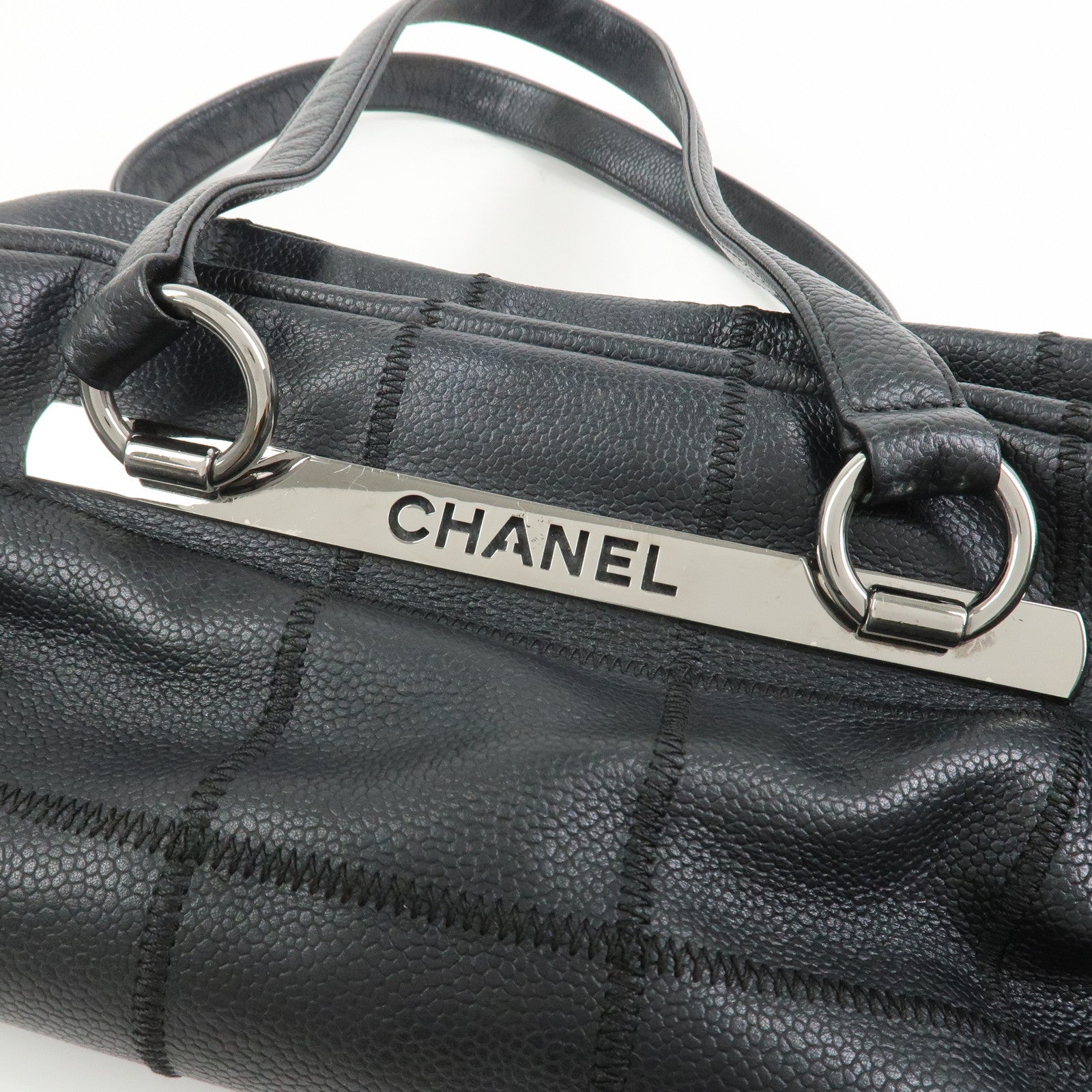 CHANEL Chocolate Bar Caviarskin Boston Bag Hand Bag Black A28023
