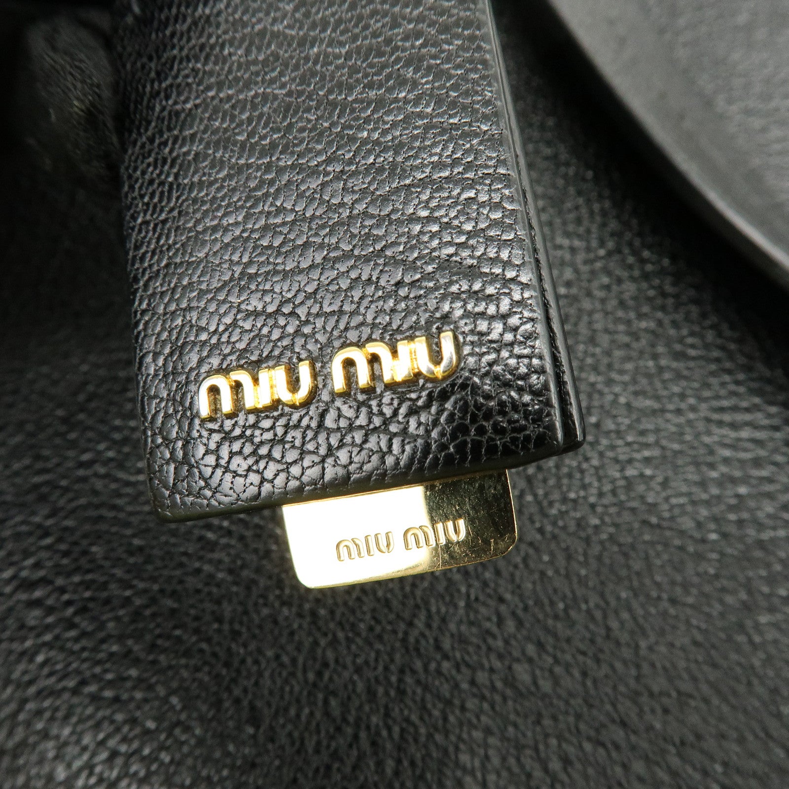 MIU MIU Logo Leather Tote Bag Hand Bag Black Gold 5BG025