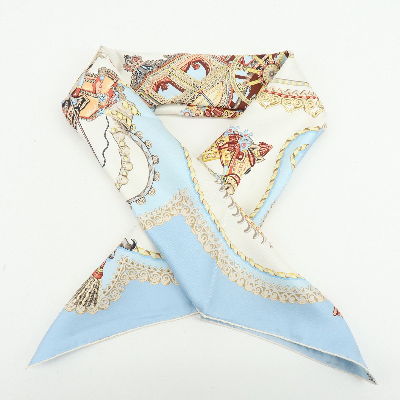 HERMES Carre 90 Silk 100% Scarf PAPEROLLES Light Blue Ivory