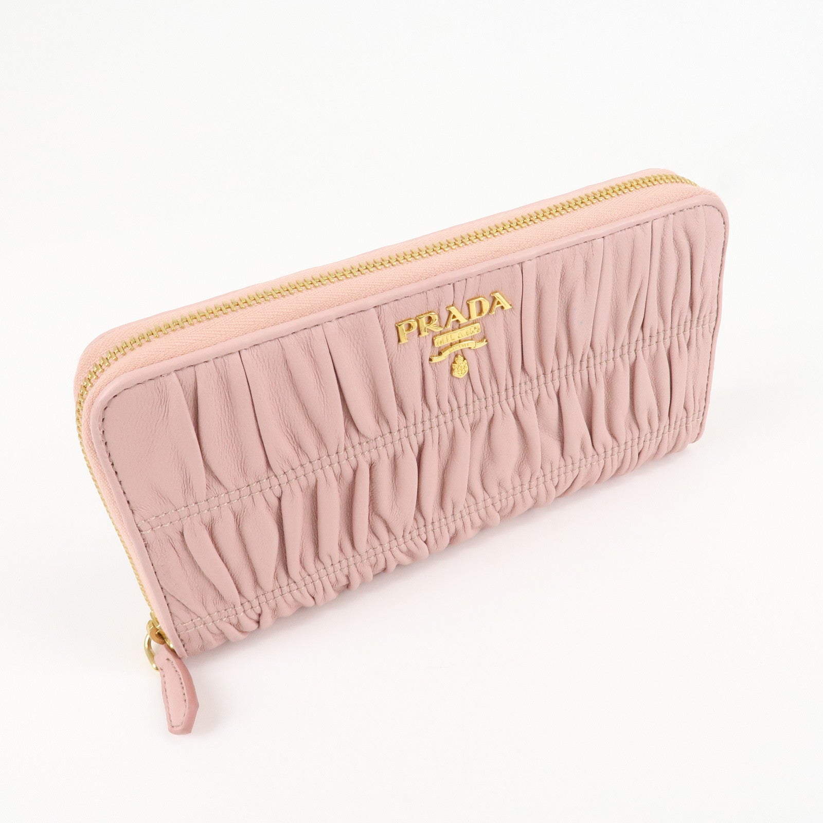 PRADA Leather Gather Round Zippy Wallet Gold Hardware Pink 1M0506 Used