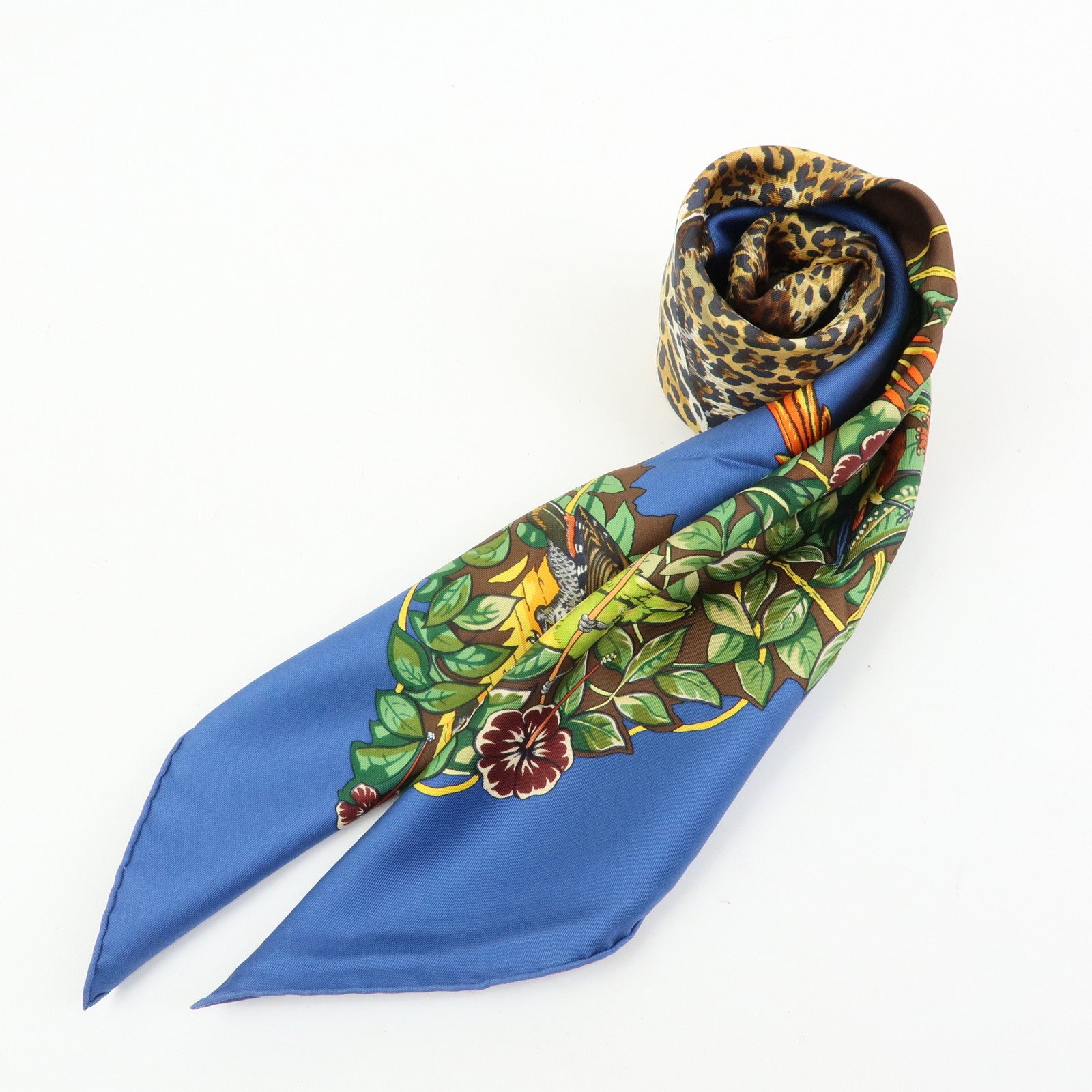 HERMES Carre 90 Silk 100% Scarf JUNGLE LOVE Navy Brown Green