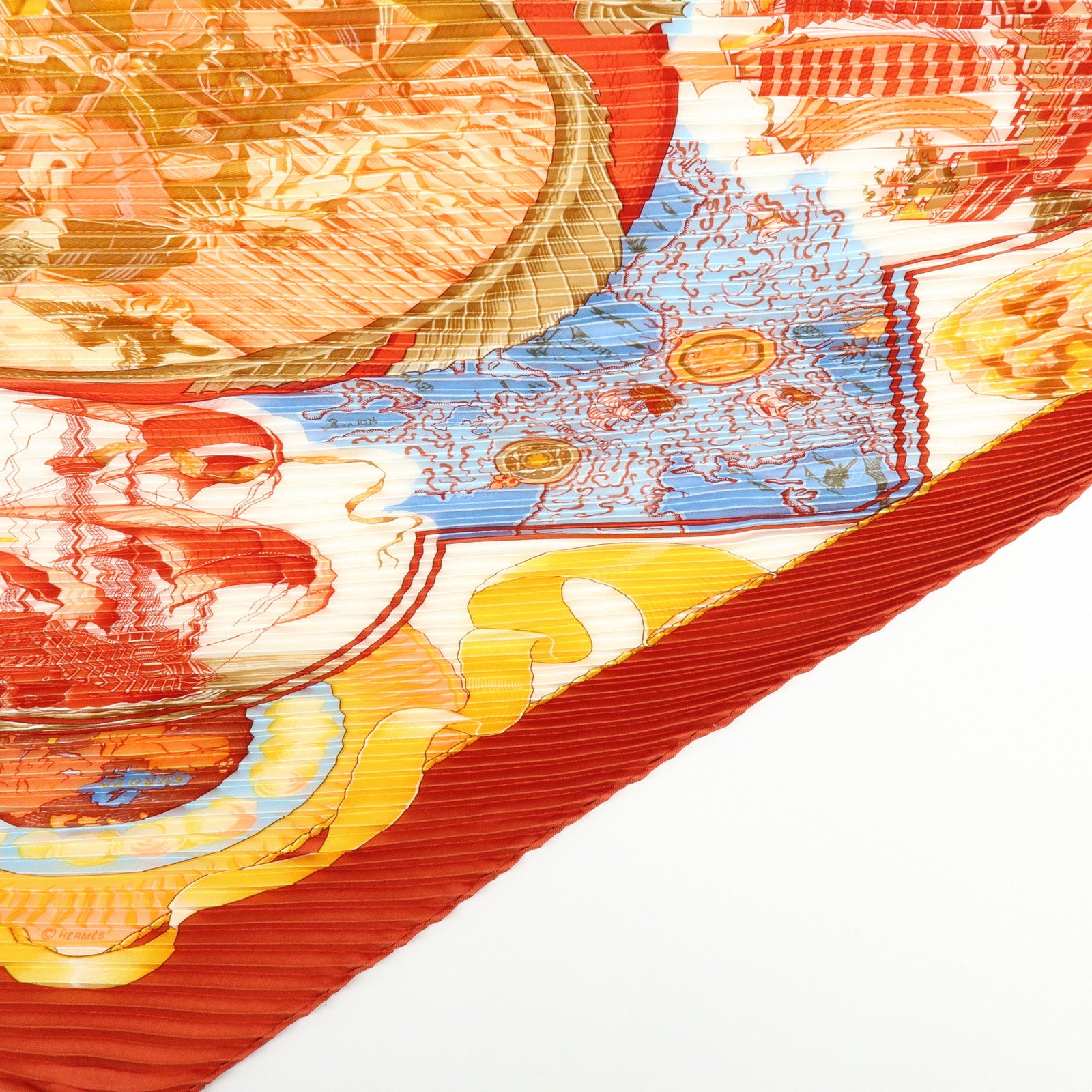 HERMES Pleated Carre Silk 100% Scarf Au-dela Des Cinq Mers Orange