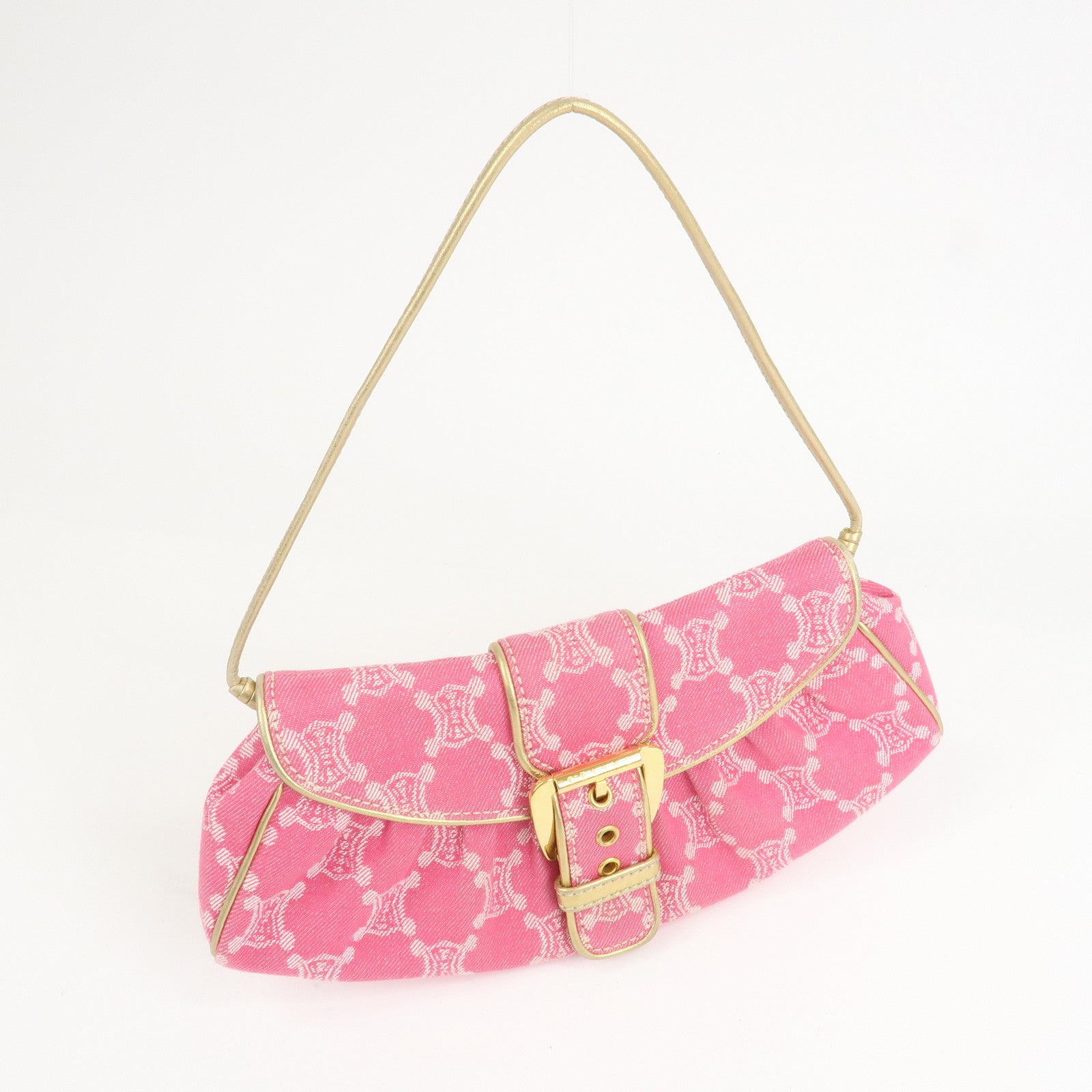 CELINE Triomphe Leather Canvas Shoulder Bag Hand Bag Pink Gold