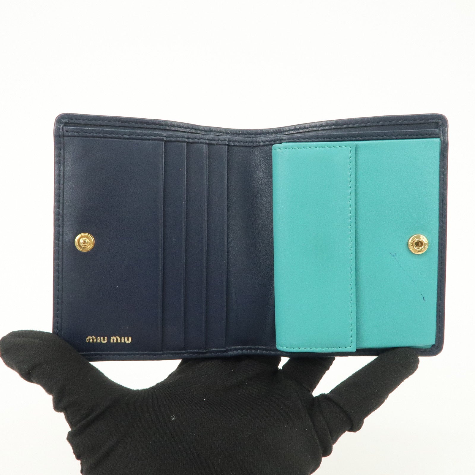 MIU MIU Matelasse Denim Leather Bi-fold Compact Wallet Indigo Blue 5MV204