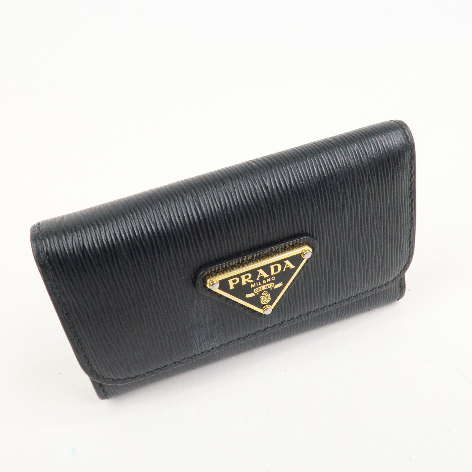 PRADA Triangle Logo Leather 6 Rings Key Case Black 1PG222