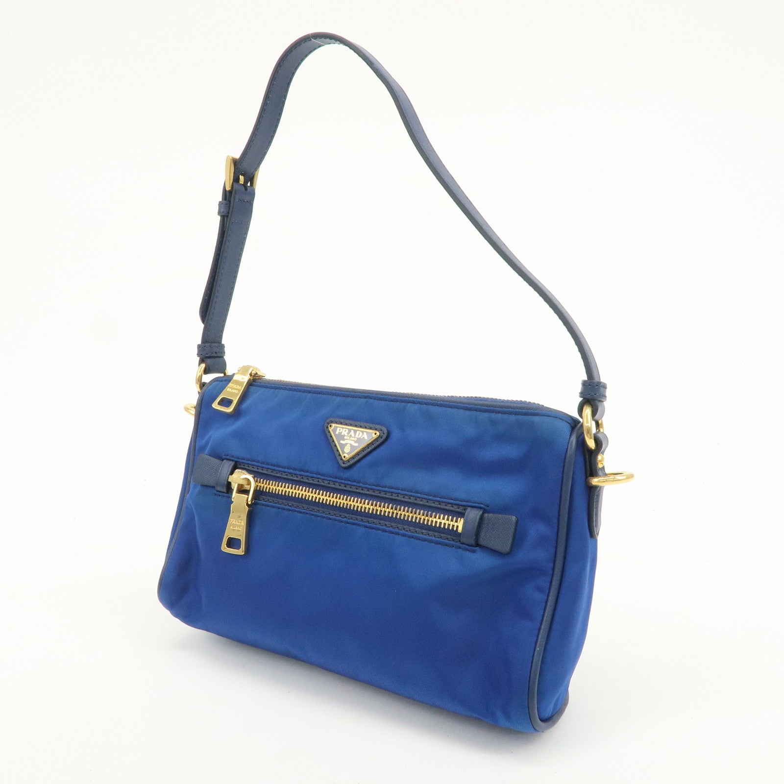 PRADA Triangle Logo Nylon Leather Mini Shoulder Bag Blue BN1834