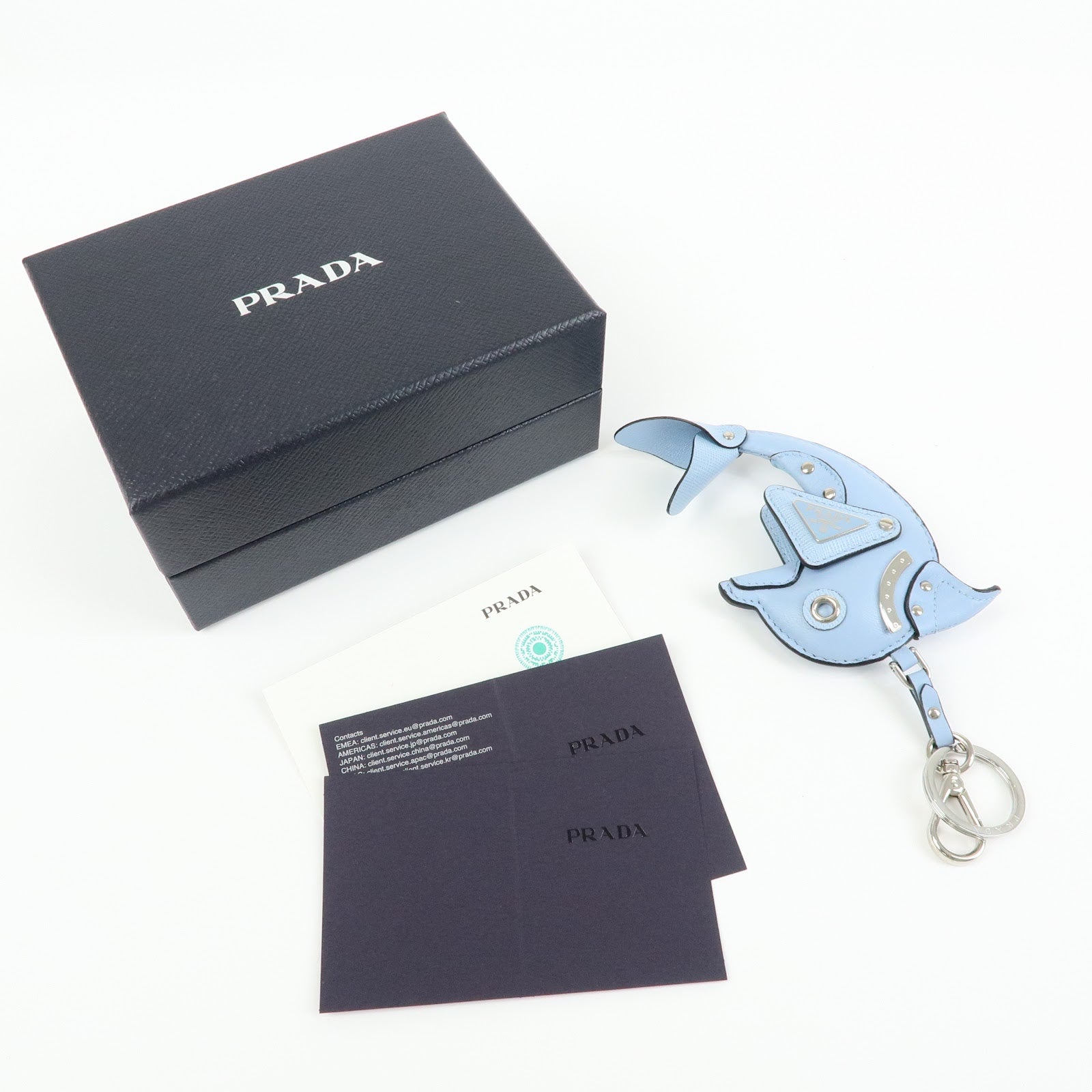 PRADA Triangle Logo Dolphin Motif Leather Key Charm Light Blue