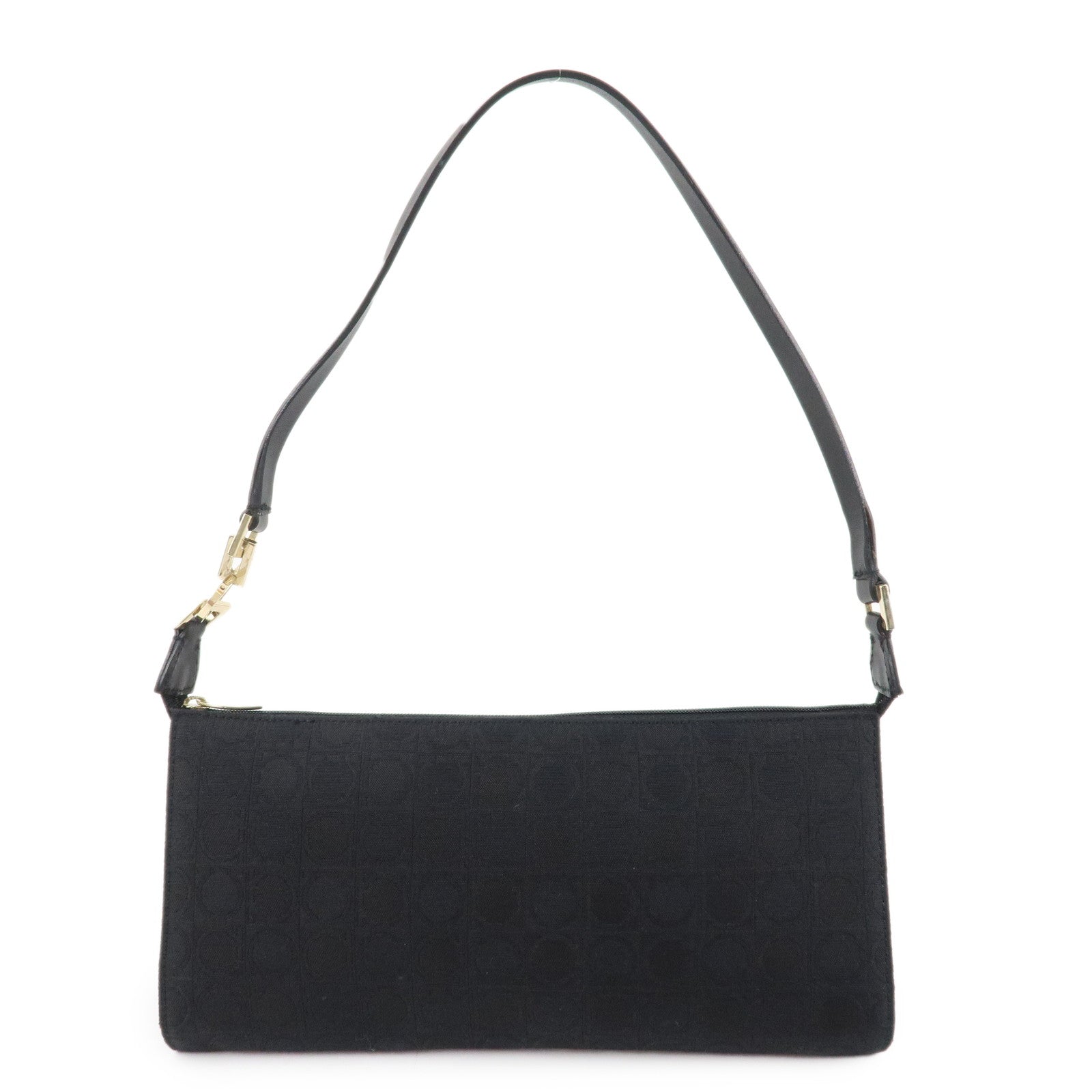 Ferragamo Ganchini Canvas Leather Shoulder Bag Hand Bag Black Used
