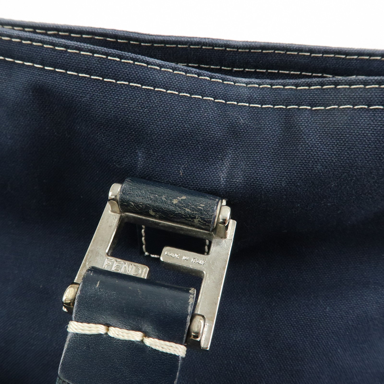 FENDI Canvas Leather Tote Bag Hand Bag Navy