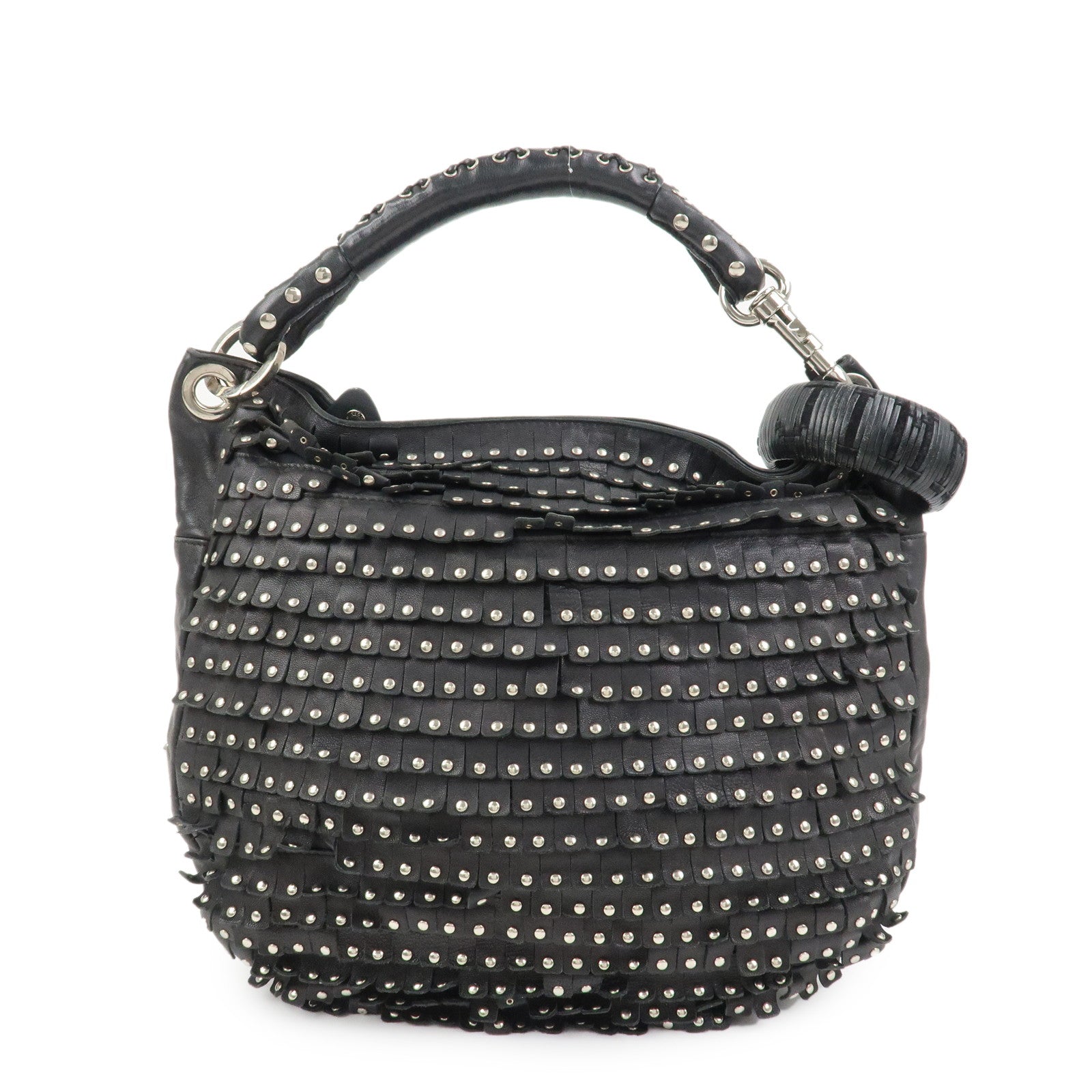 JIMMY CHOO Leather Studs Sky Bag Shoulder Bag Hand Bag Black Silver
