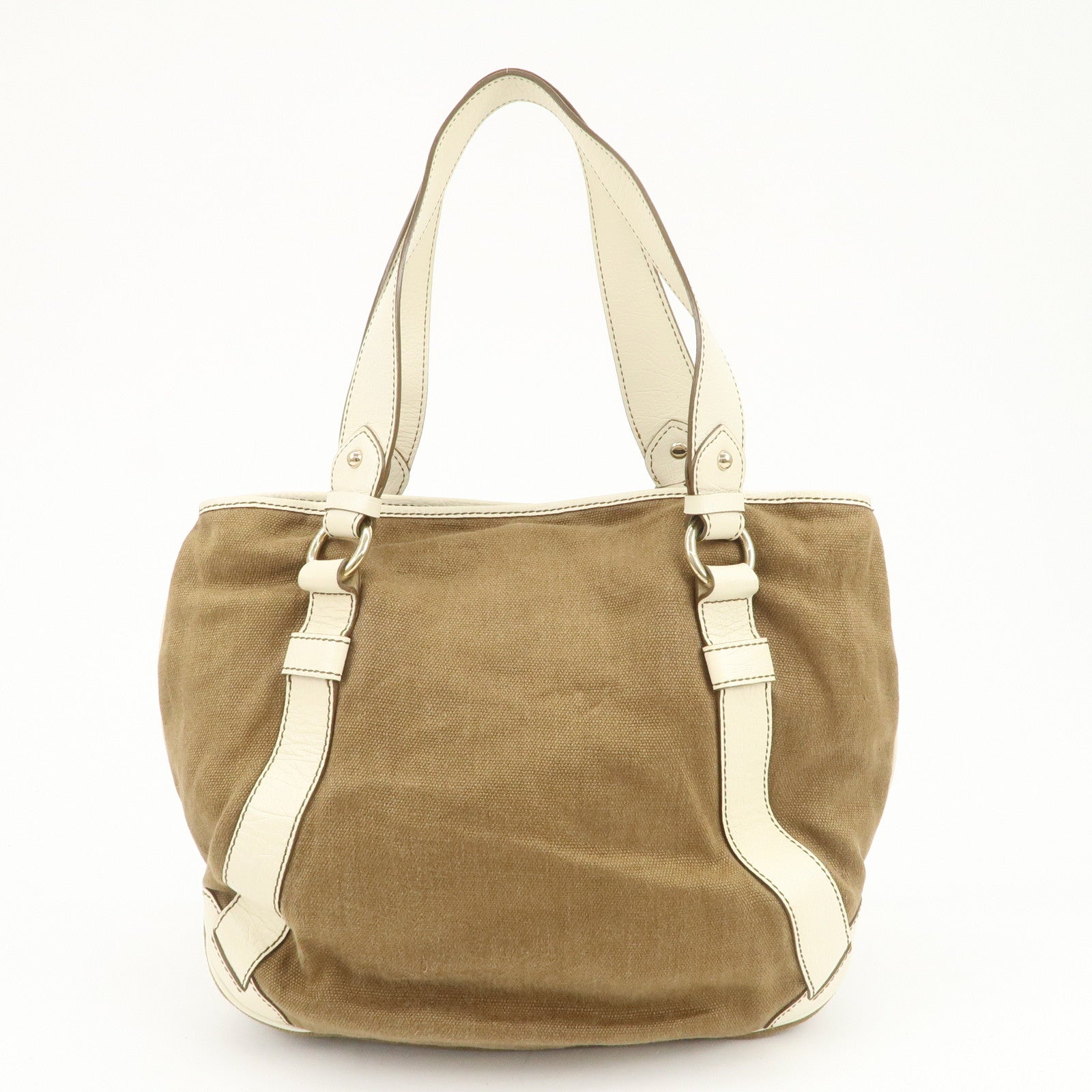 CELINE Logo Canvas Leather Tote Bag Shoulder Bag Brown Ivory