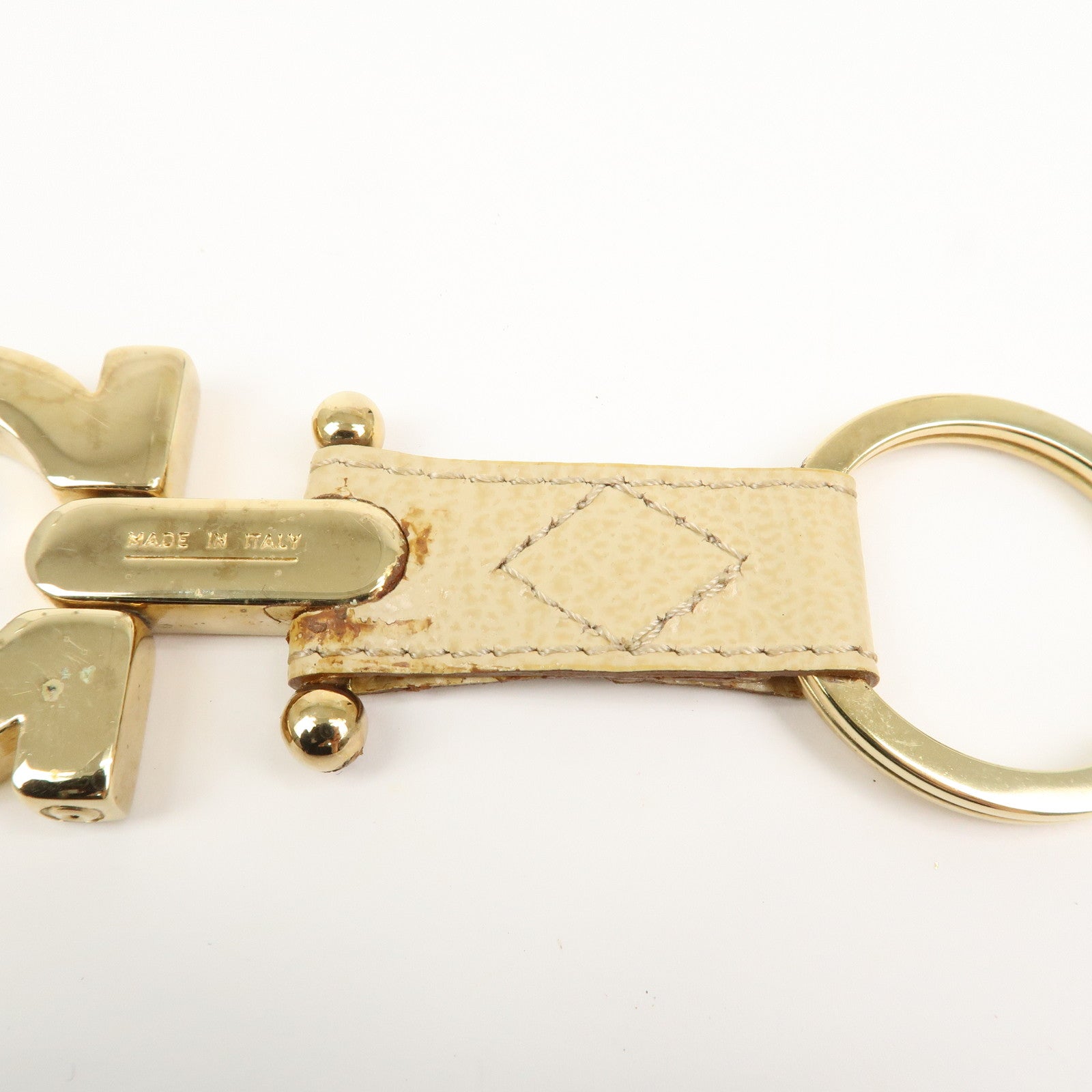 FERRAGAMO Logo Leather Metal Bag Charm Key Charm Beige Gold