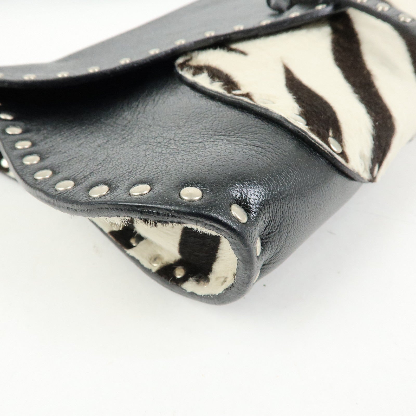 CELINE Haircalf Leather Studs Hand Bag Zebra Print Black White