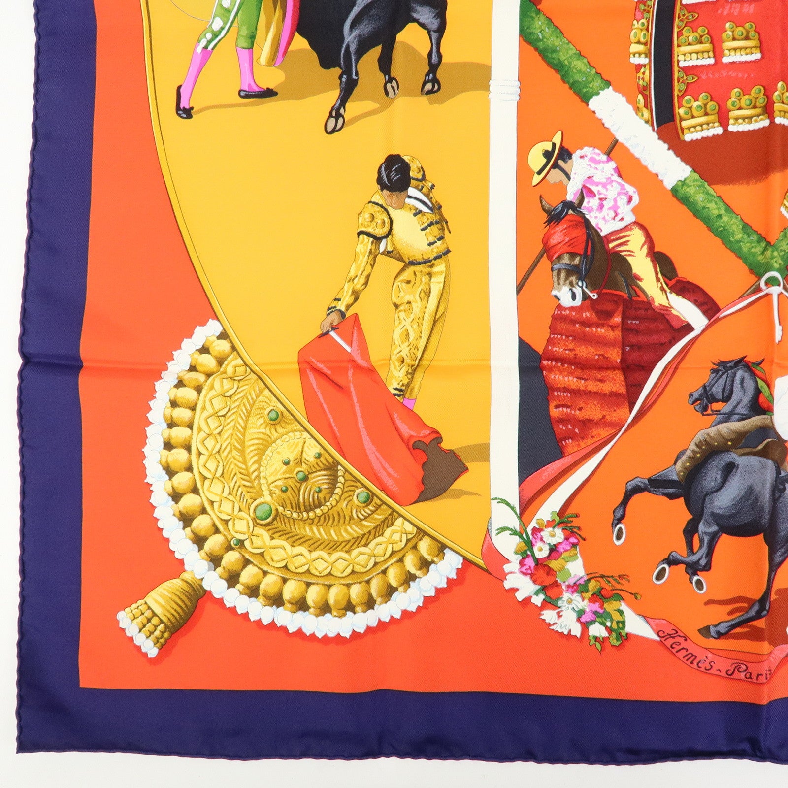 HERMES Carre 90 Silk 100% Scarf Plaza de Toros Bullring Red Navy