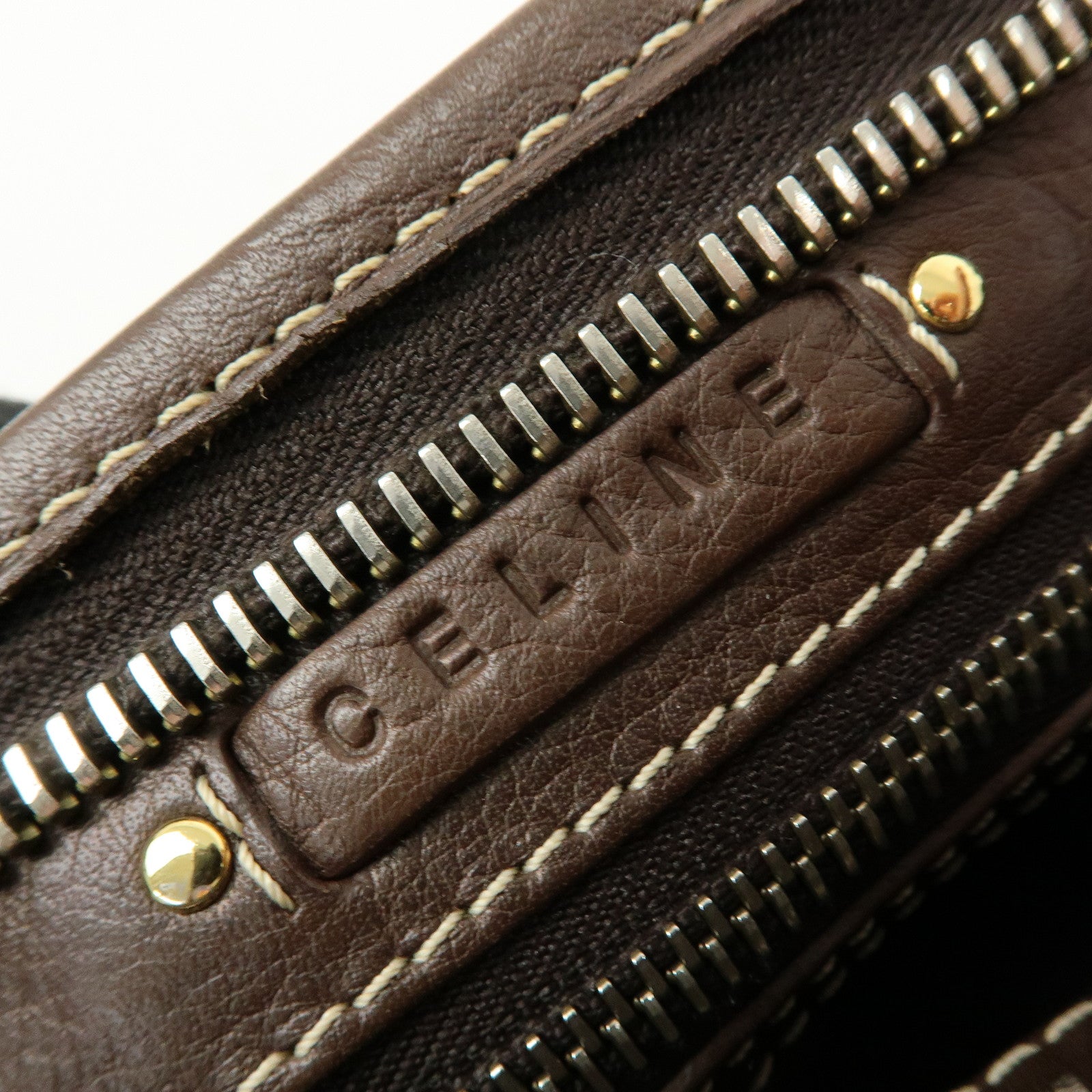 CELINE Logo Leather Hand Bag Mini Boston Bag Dark Brown