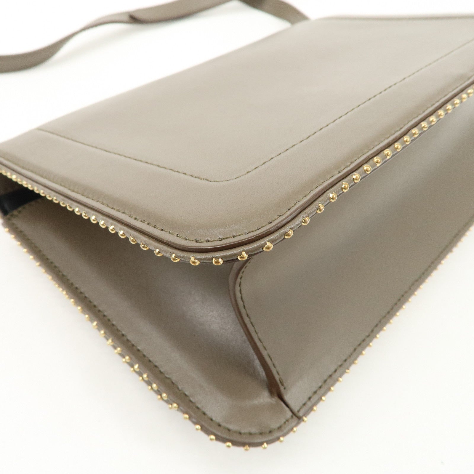 Ferragamo Vara Leather Ribbon Studs Shoulder Bag Greige Used