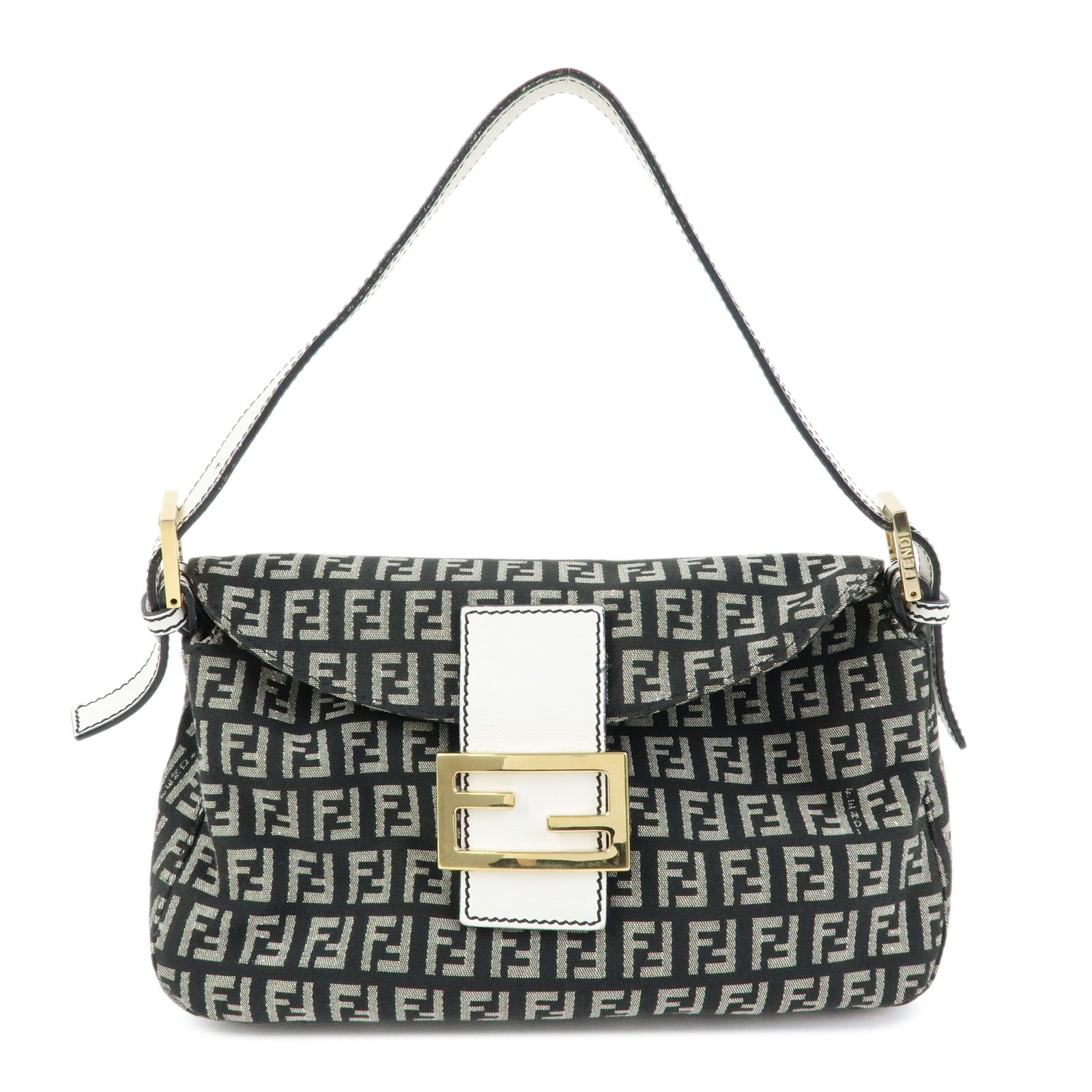 FENDI Zucchino Canvas Leather Shoulder Hand Bag Black White 8BR003