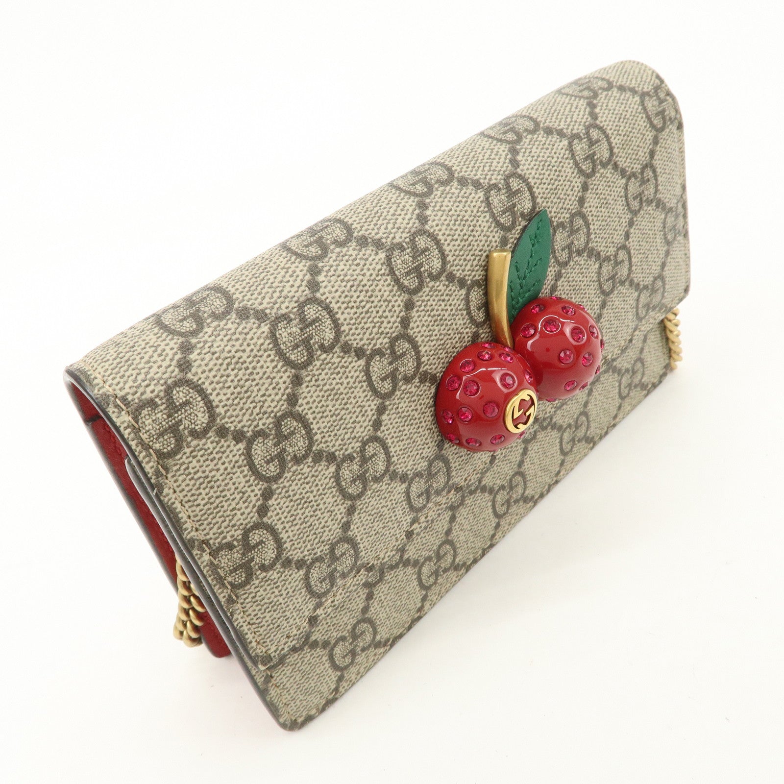 GUCCI GG Supreme Leather Cherry Chain Shoulder Bag Beige Red 481291