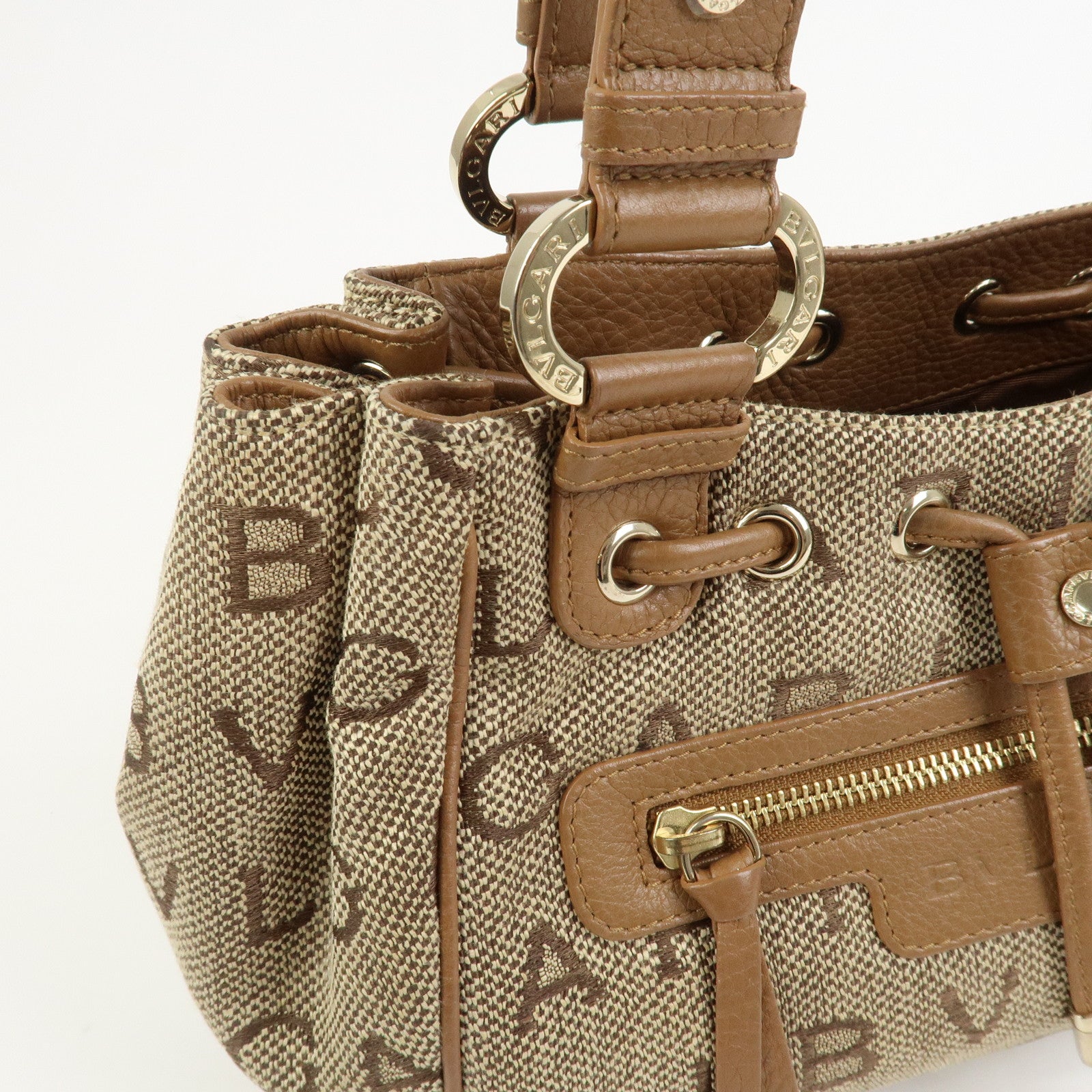 BVLGARI Logo Mania Jacquard Leather Hand Bag Tote Bag Beige