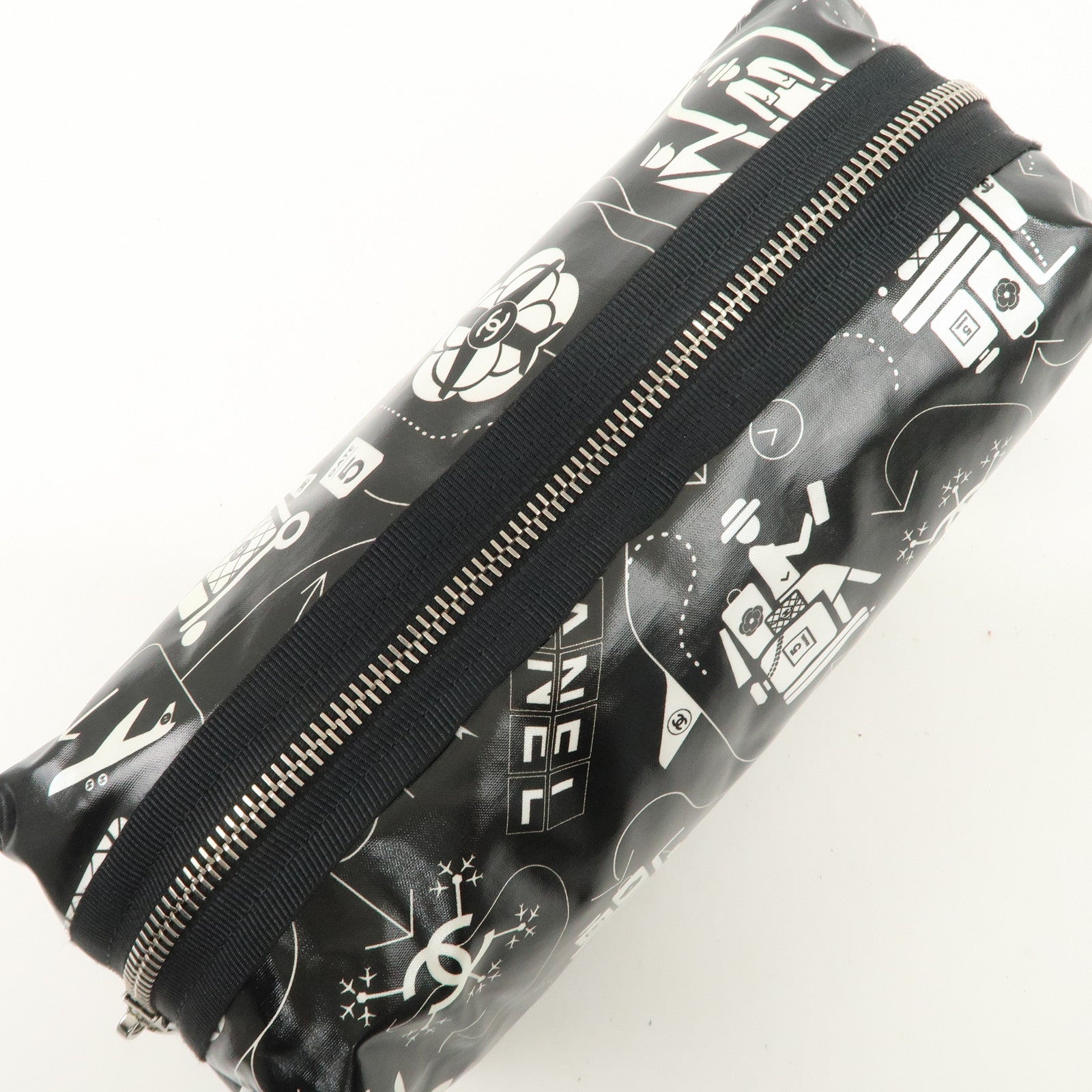 CHANEL Airline Nylon Pouch Cosmetic Pouch Black White