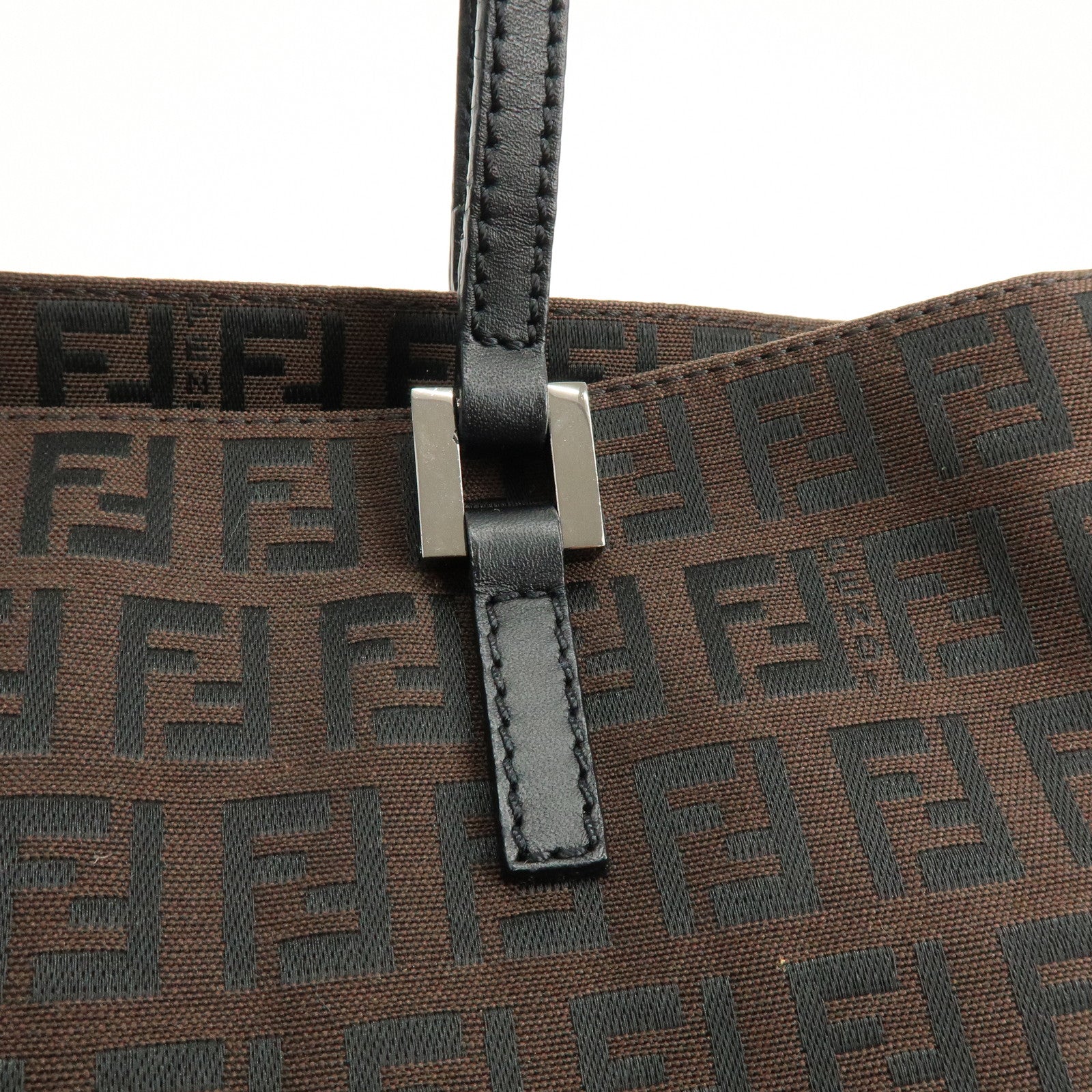 FENDI Zucchino Canvas Leather Tote Bag Shoulder Bag Brown Black