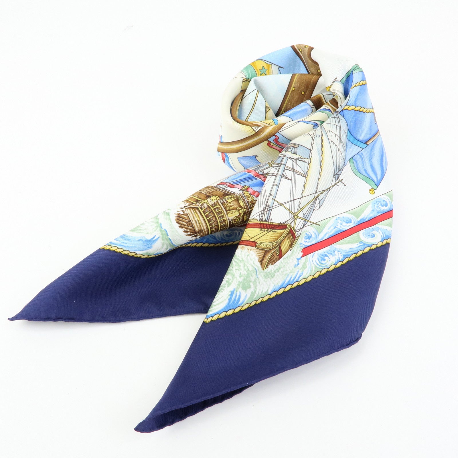 HERMES Carre 90 Silk 100% Scarf VIVE LE VENT Navy Blue Yellow White