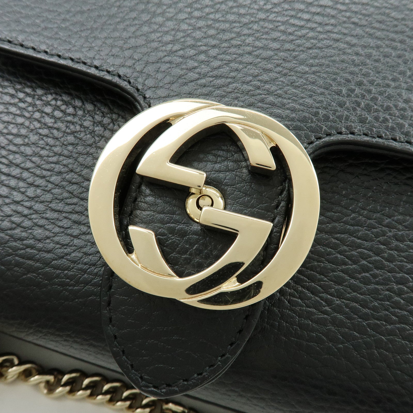 GUCCI Logo Interlocking G Leather Chain Shoulder Bag Black 607720