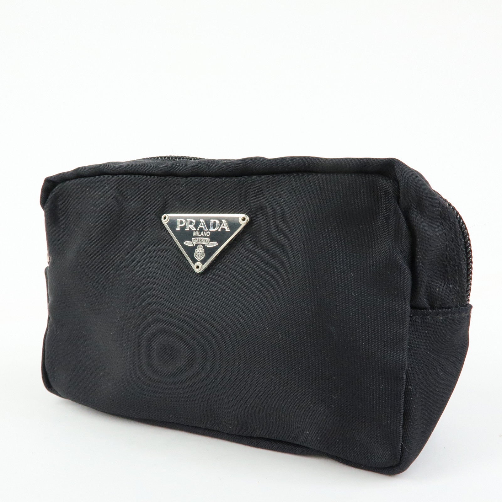 PRADA Triangle Logo Nylon Cosmetic Pouch Makeup Bag Black