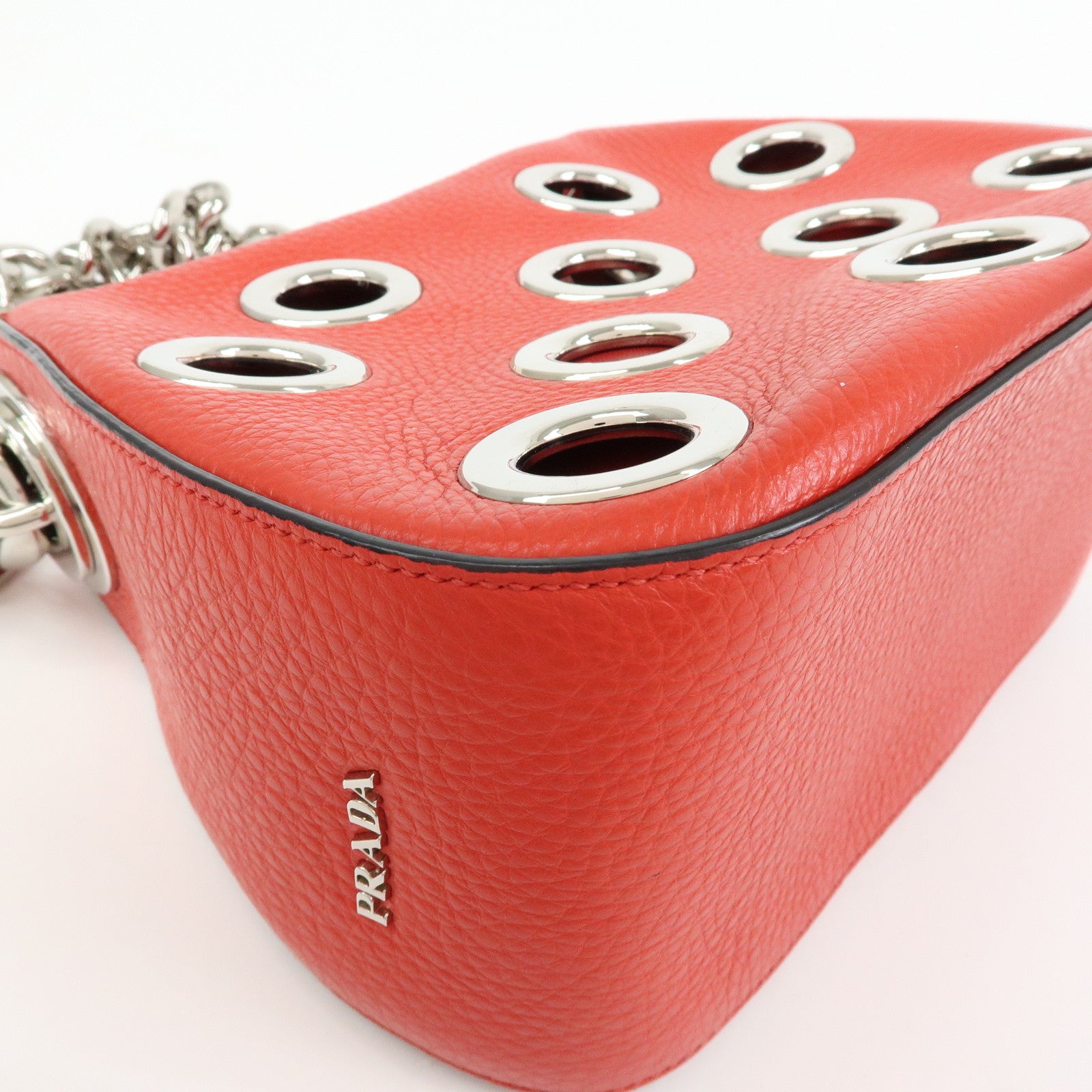 PRADA Grommet Leather Chain Shoulder Bag Hand Bag Red