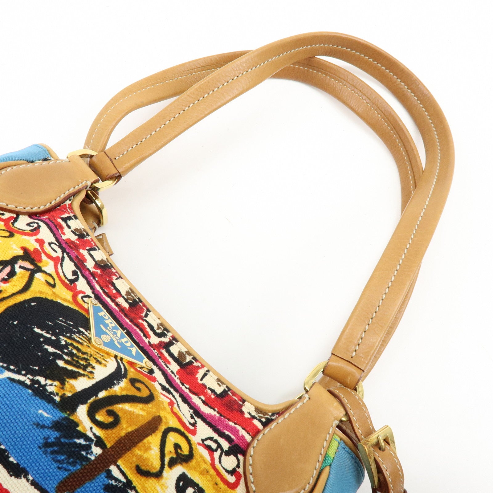 PRADA Triangle Logo Canvas Leather Hand Bag Light Brown Blue
