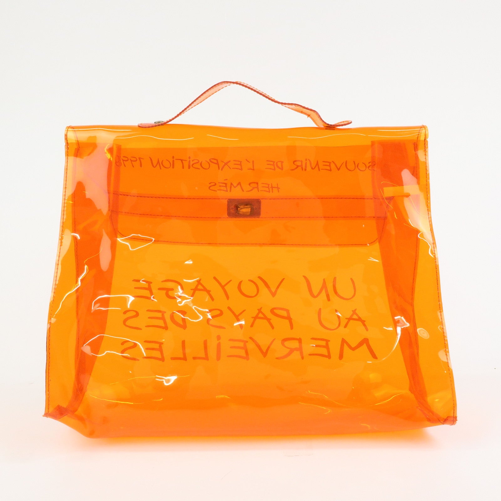 HERMES Kelly Vinyl Hand Bag Clear Transparent Orange