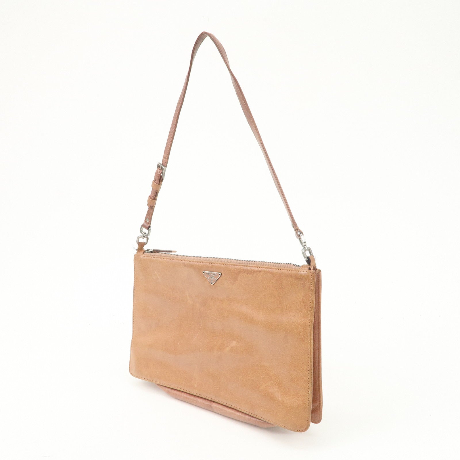 PRADA Triangle Logo Leather Shoulder Bag Hand Bag Brown Used