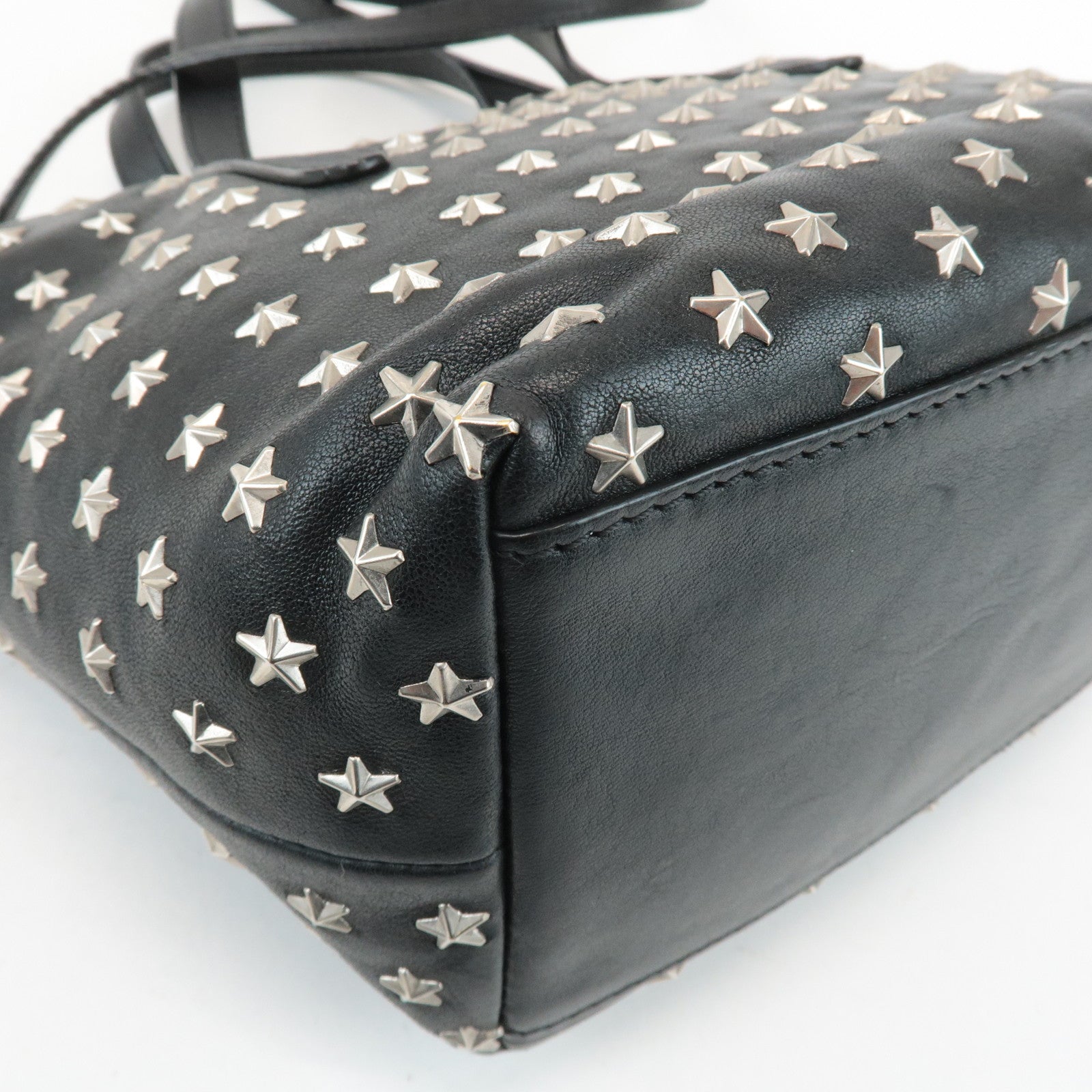 JIMMY CHOO Leather Star Studs Tote Bag Hand Bag Black Silver HDW Used